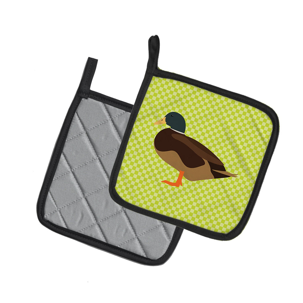 Silver Bantam Duck Green Pot Holder Set of 2 Heat Resistant Quilted Hot Pads 7.5 x 7.5 Inch, Insulated Kitchen Trivets for Cooking & Baking