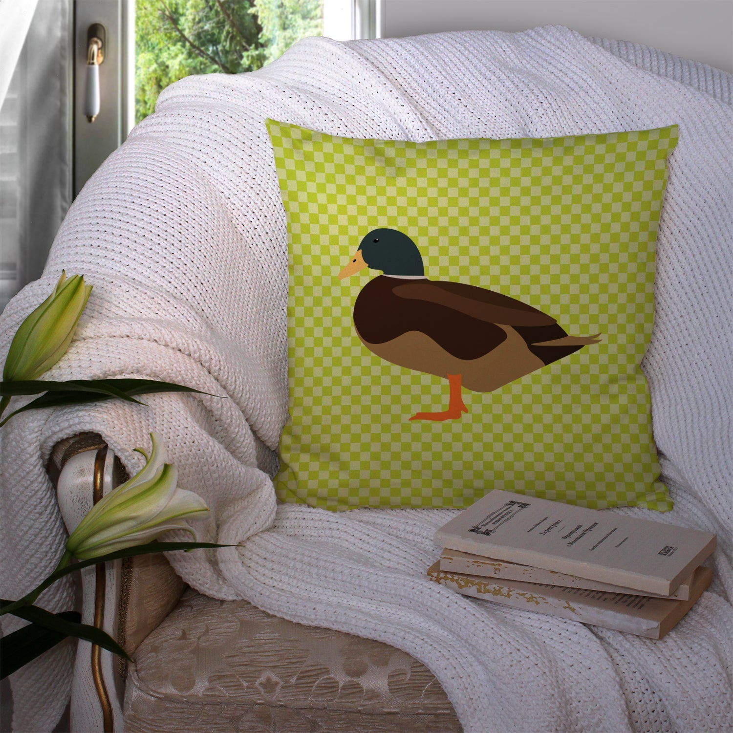 Silver Bantam Duck Green Decorative Throw Pillow 14x14 Indoor Outdoor Accent Cushion, Fabric Cover with Insert for Sofa, Bed, Porch & Living Room