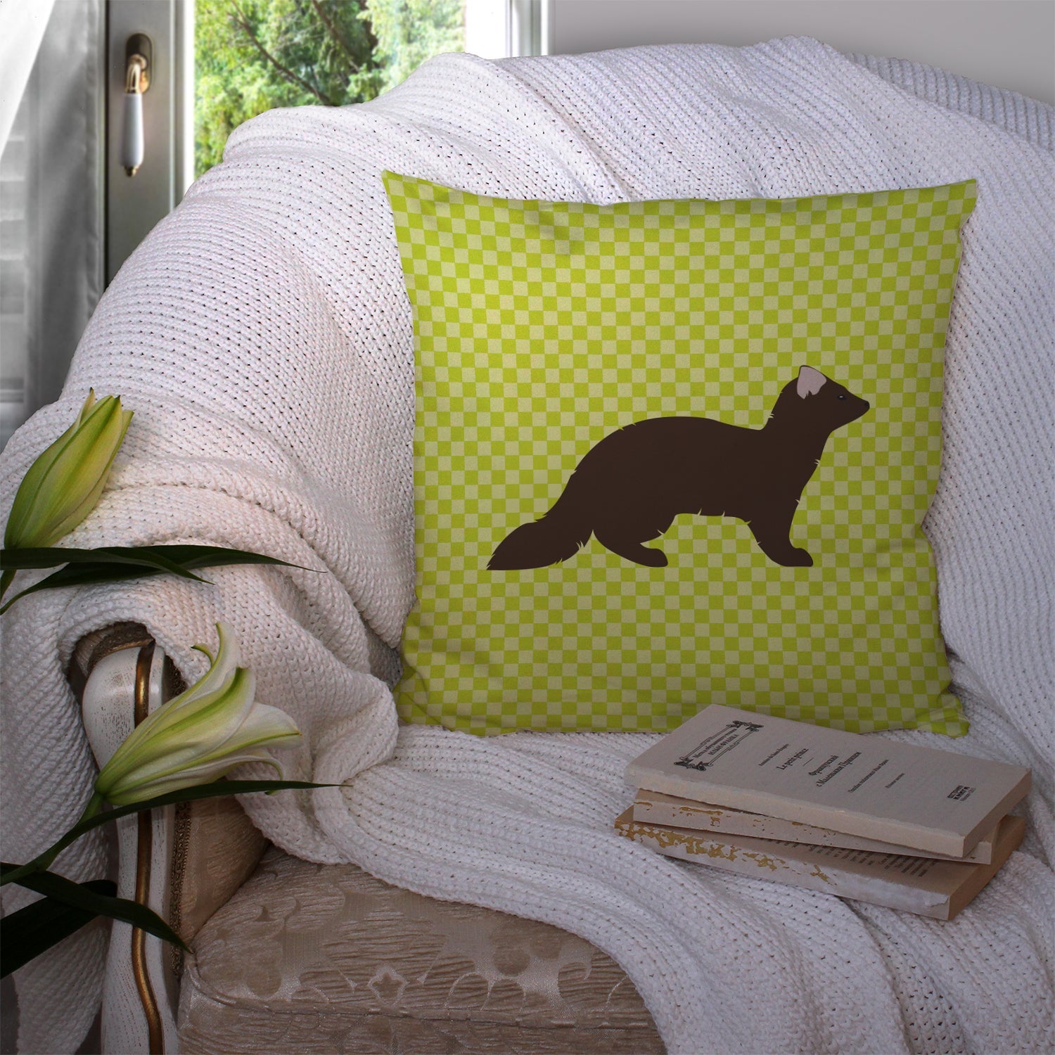 Sable Marten Green Decorative Throw Pillow 14x14 Indoor Outdoor Accent Cushion, Fabric Cover with Insert for Sofa, Bed, Porch & Living Room