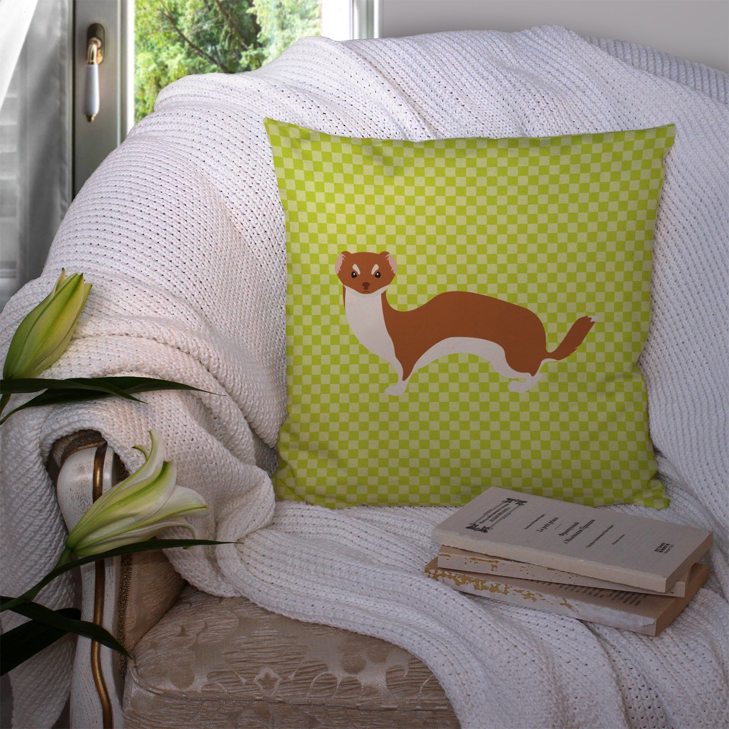 Weasel Green Decorative Throw Pillow 14x14 Indoor Outdoor Accent Cushion, Fabric Cover with Insert for Sofa, Bed, Porch & Living Room