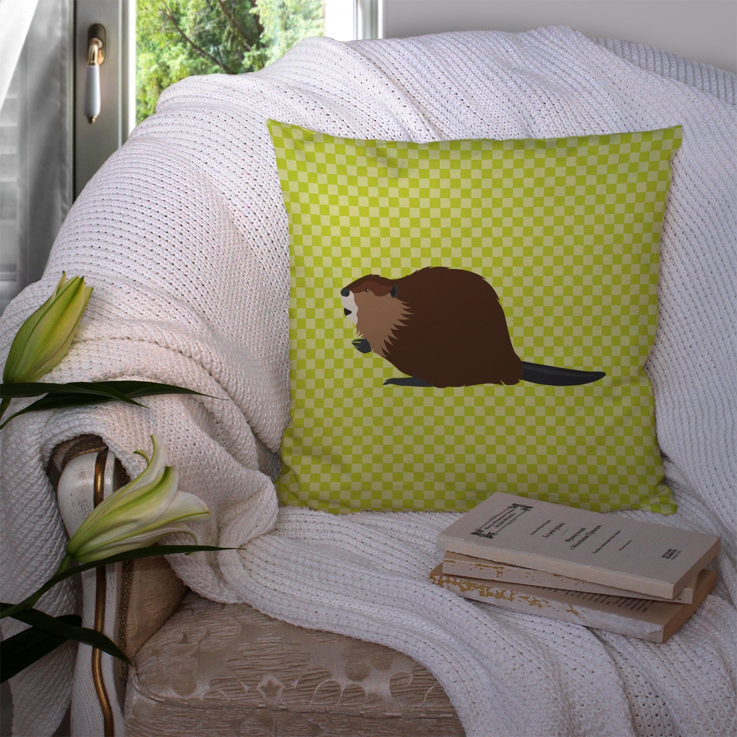 Eurasian Beaver Green Decorative Throw Pillow 14x14 Indoor Outdoor Accent Cushion, Fabric Cover with Insert for Sofa, Bed, Porch & Living Room