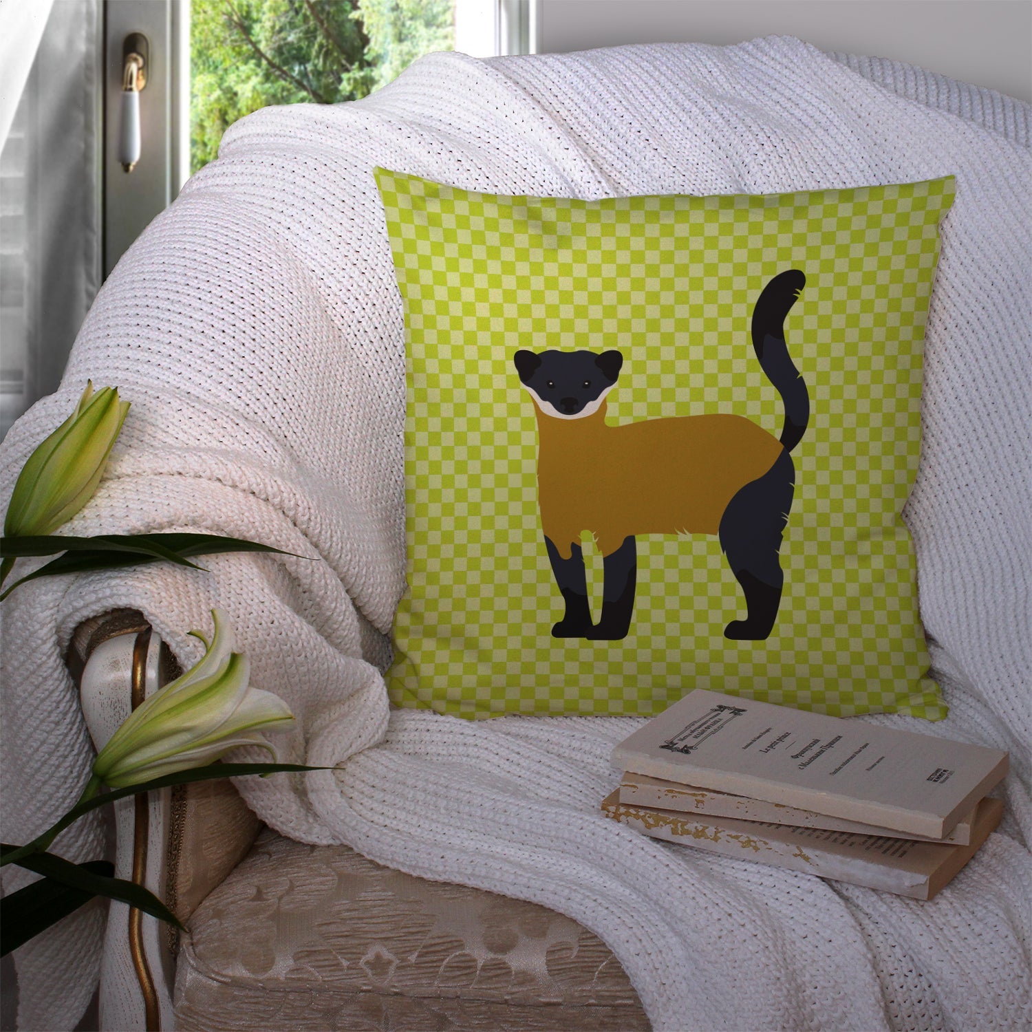 Yellow-Throated Marten Green Decorative Throw Pillow 14x14 Indoor Outdoor Accent Cushion, Fabric Cover with Insert for Sofa, Bed, Porch & Living Room