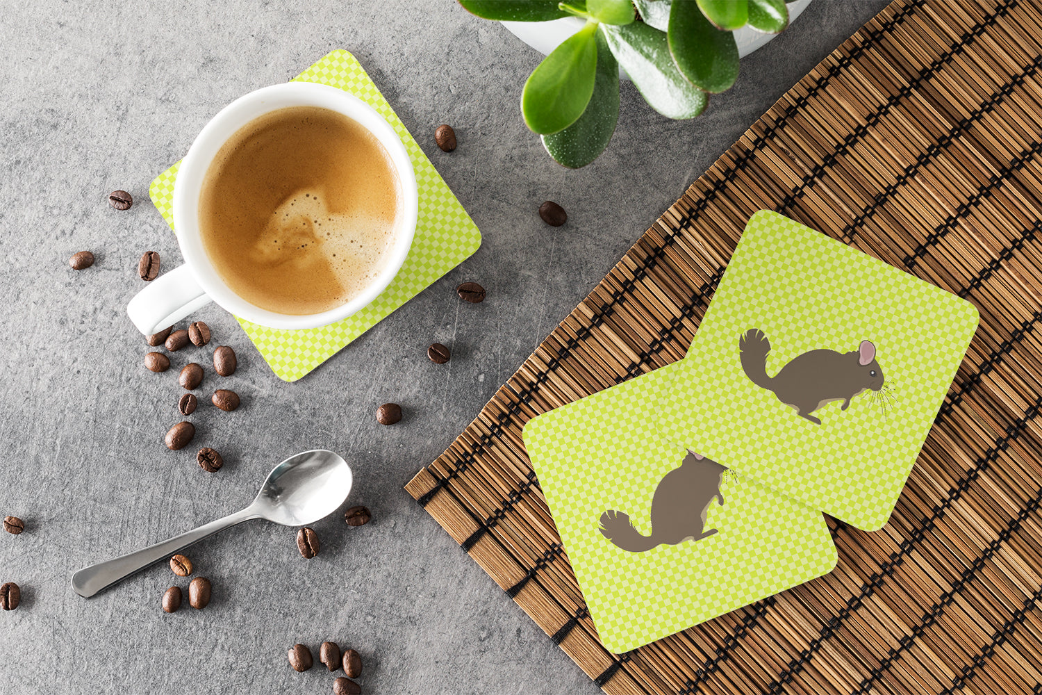 Chinchilla Green Foam Coasters Set of 4 Cup Coasters for Indoor Outdoor, Tabletop Protection, Anti Slip, Mouse pad Material