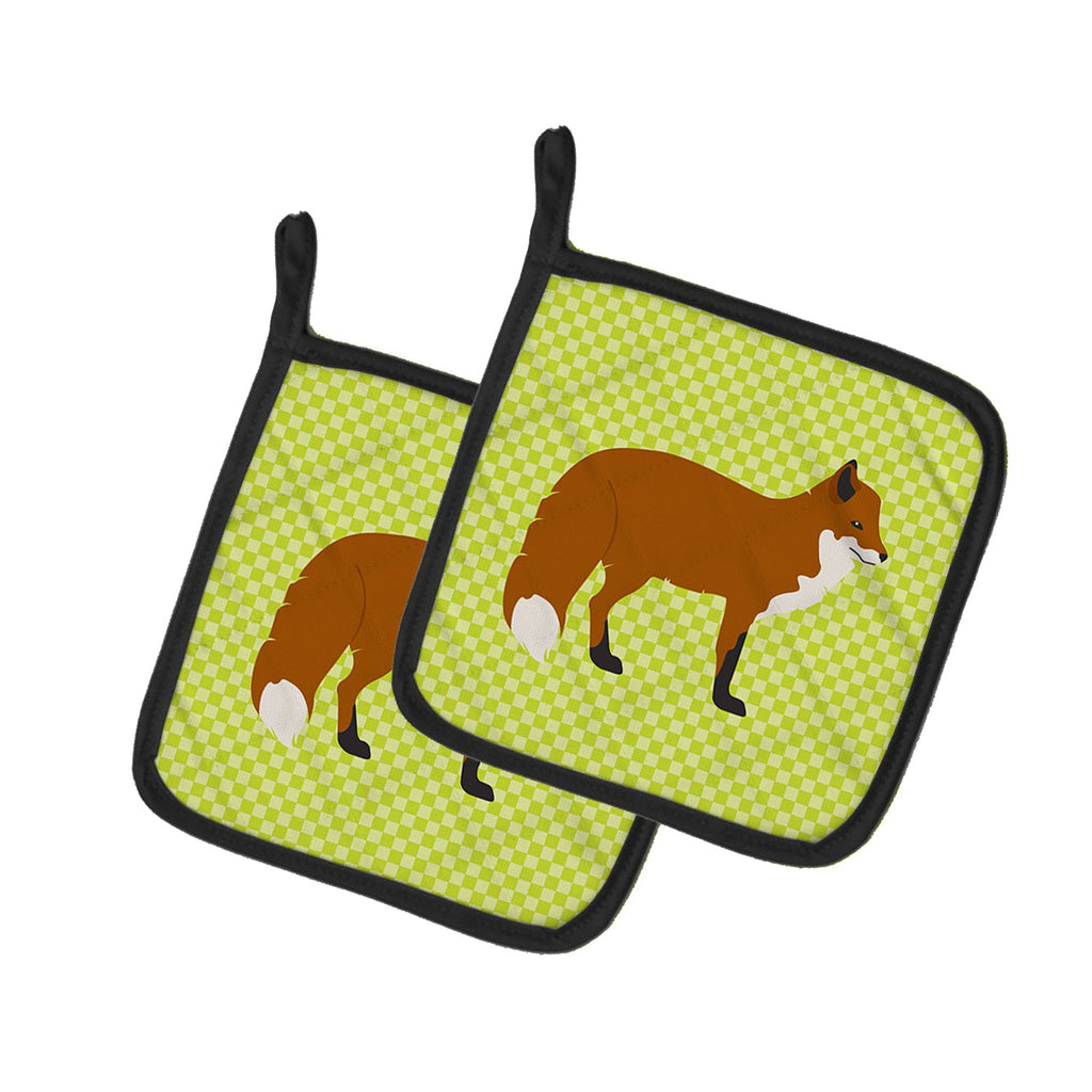 Red Fox Green Pot Holder Set of 2 Heat Resistant Quilted Hot Pads 7.5 x 7.5 Inch, Insulated Kitchen Trivets for Cooking & Baking