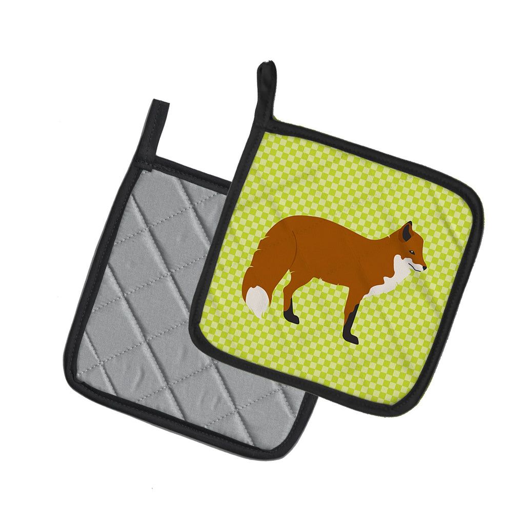 Red Fox Green Pot Holder Set of 2 Heat Resistant Quilted Hot Pads 7.5 x 7.5 Inch, Insulated Kitchen Trivets for Cooking & Baking