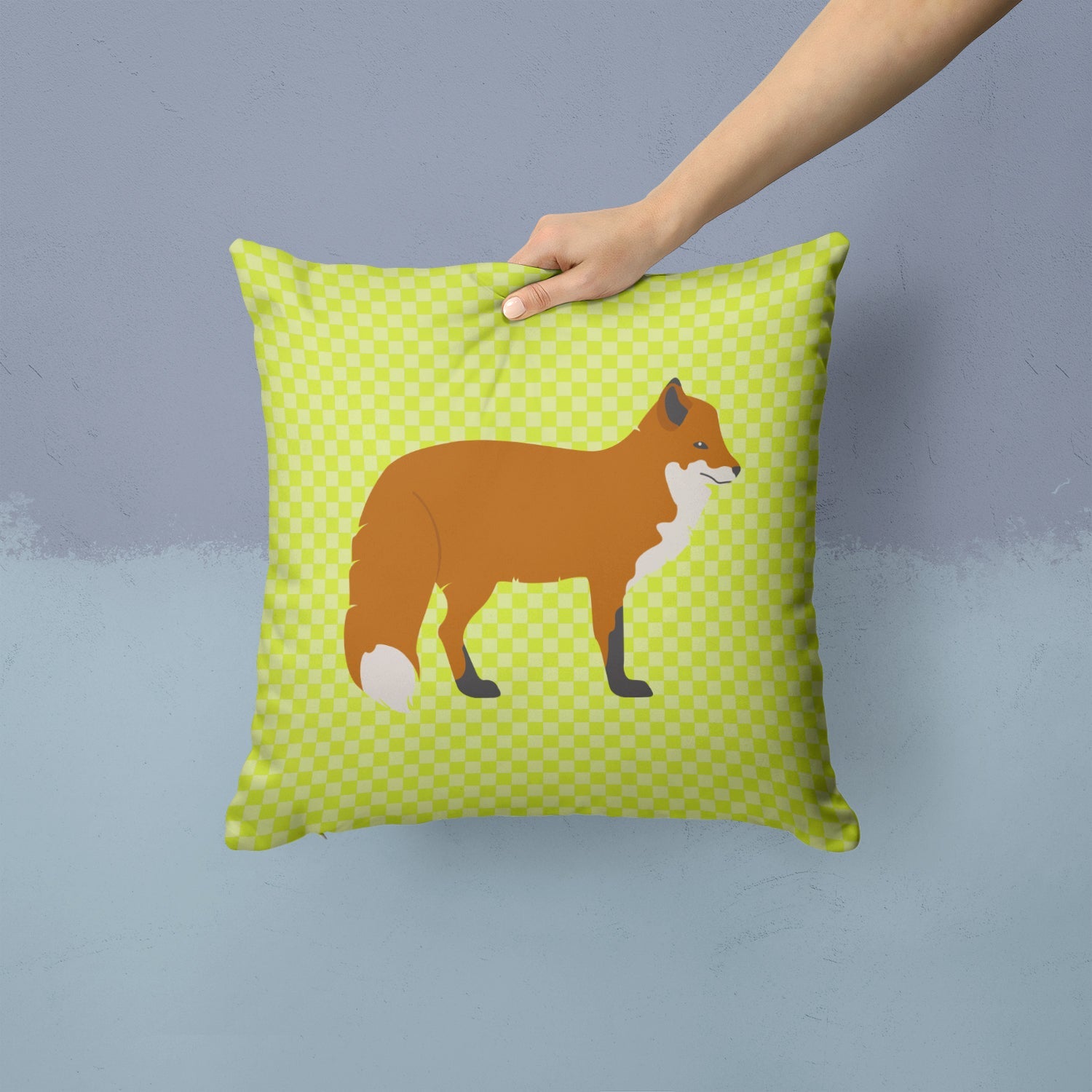Red Fox Green Decorative Throw Pillow 14x14 Indoor Outdoor Accent Cushion, Fabric Cover with Insert for Sofa, Bed, Porch & Living Room