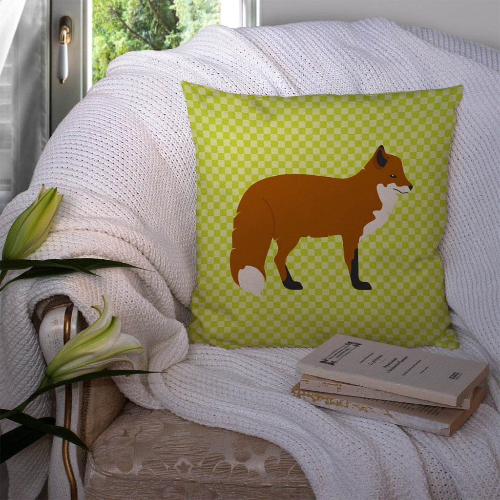 Red Fox Green Decorative Throw Pillow 14x14 Indoor Outdoor Accent Cushion, Fabric Cover with Insert for Sofa, Bed, Porch & Living Room