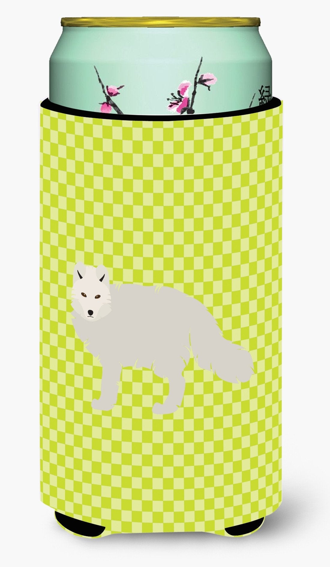 White Arctic Fox Green Tall Boy Hugger Can Cooler Sleeve Machine Washable Drink Collapsible Insulator Beverage Insulated Holder
