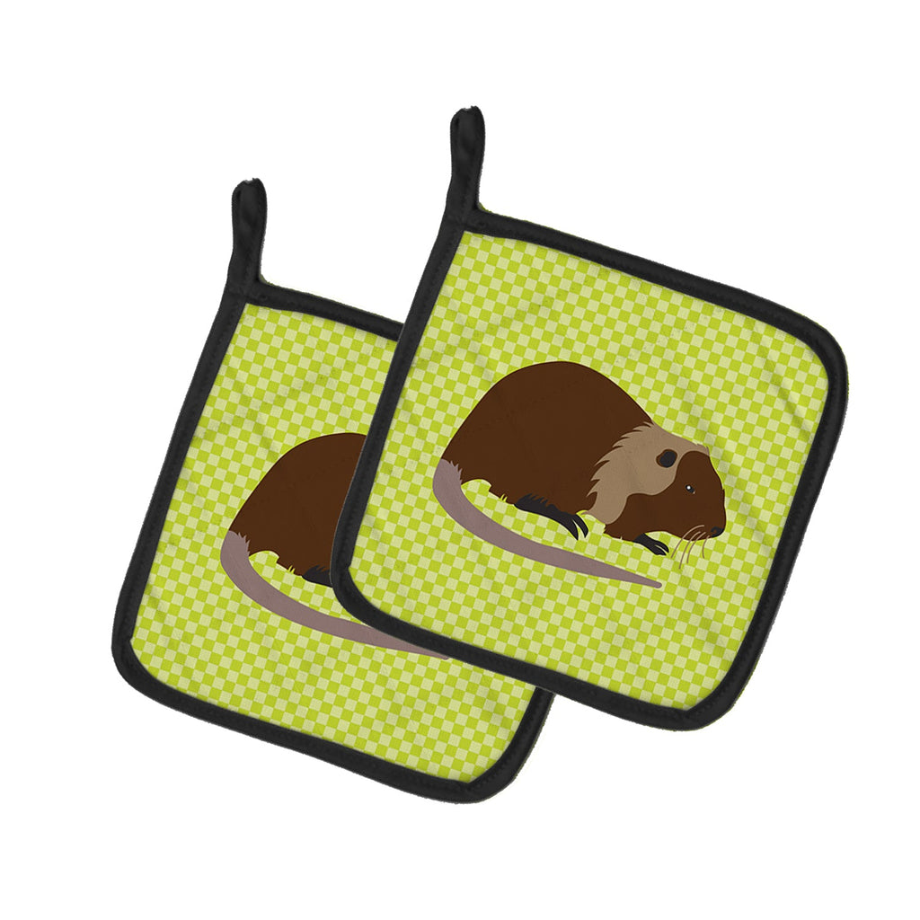 Coypu Nutria River Rat Green Pot Holder Set of 2 Heat Resistant Quilted Hot Pads 7.5 x 7.5 Inch, Insulated Kitchen Trivets for Cooking & Baking