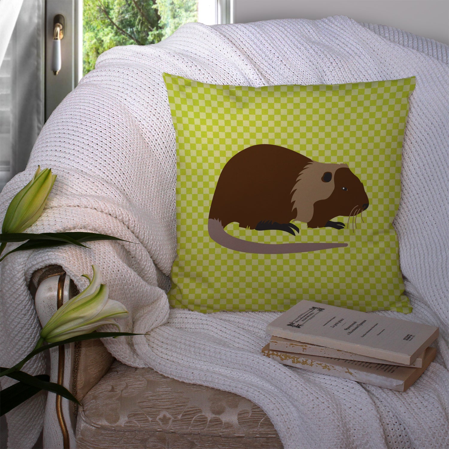 Coypu Nutria River Rat Green Decorative Throw Pillow 14x14 Indoor Outdoor Accent Cushion, Fabric Cover with Insert for Sofa, Bed, Porch & Living Room