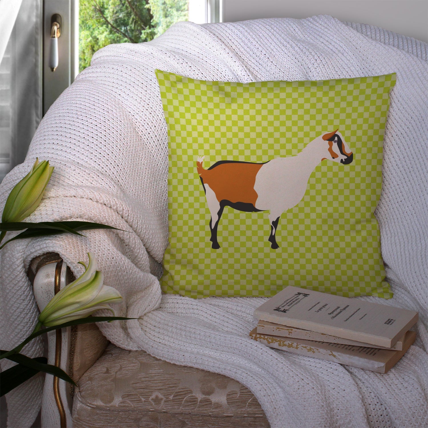 Alpine Goat Green Decorative Throw Pillow 14x14 Indoor Outdoor Accent Cushion, Fabric Cover with Insert for Sofa, Bed, Porch & Living Room