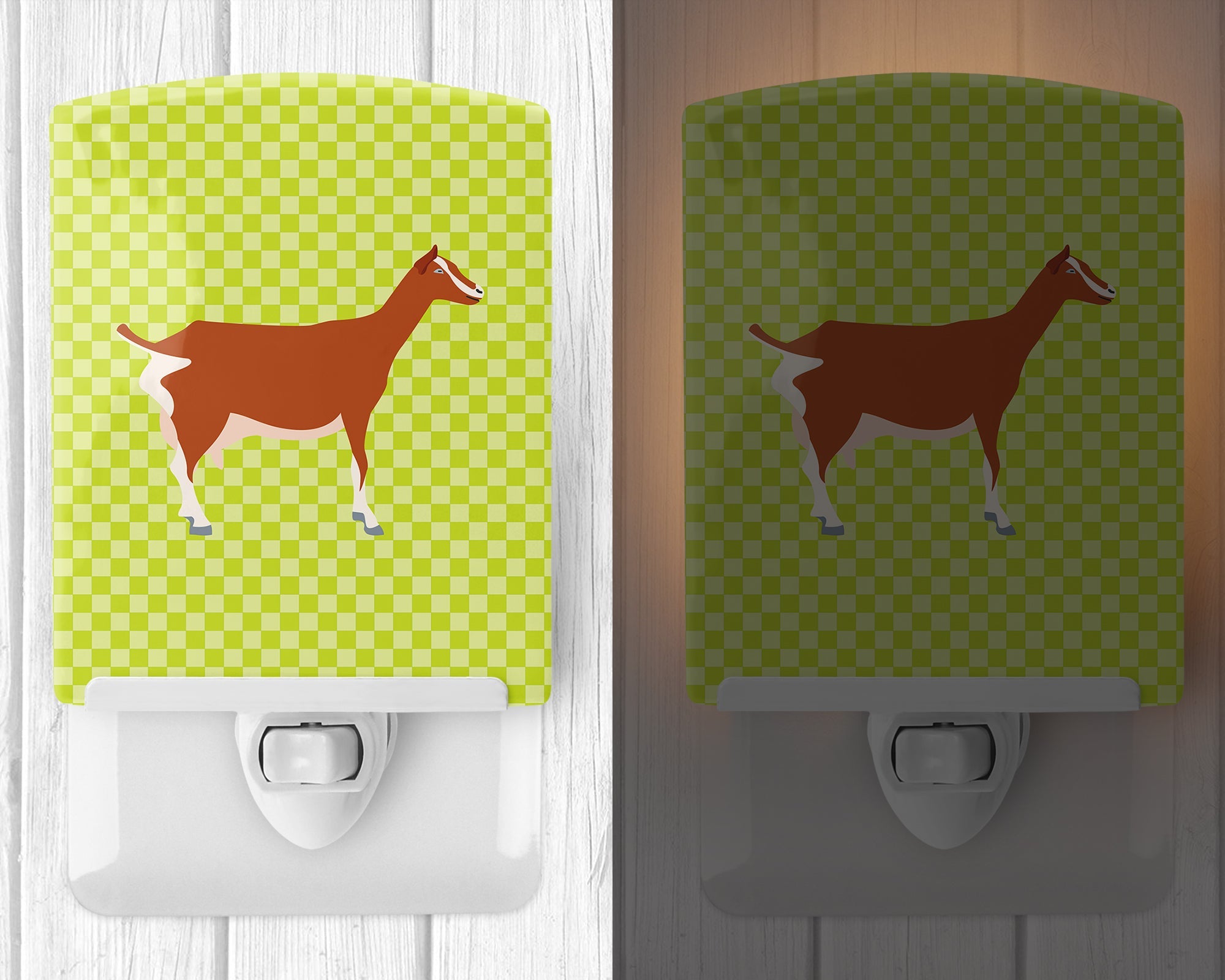 Toggenburger Goat Green Ceramic Night Light Compact, UL-Certified, Ideal for Bedroom, Bathroom, Nursery, Hallway, Kitchen, 6x4x3, Multicolor