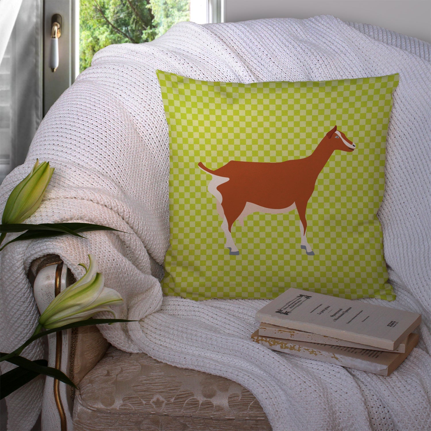Toggenburger Goat Green Decorative Throw Pillow 14x14 Indoor Outdoor Accent Cushion, Fabric Cover with Insert for Sofa, Bed, Porch & Living Room