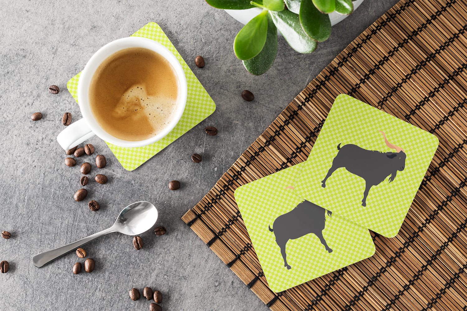 Verata Goat Green Foam Coasters Set of 4 Cup Coasters for Indoor Outdoor, Tabletop Protection, Anti Slip, Mouse pad Material