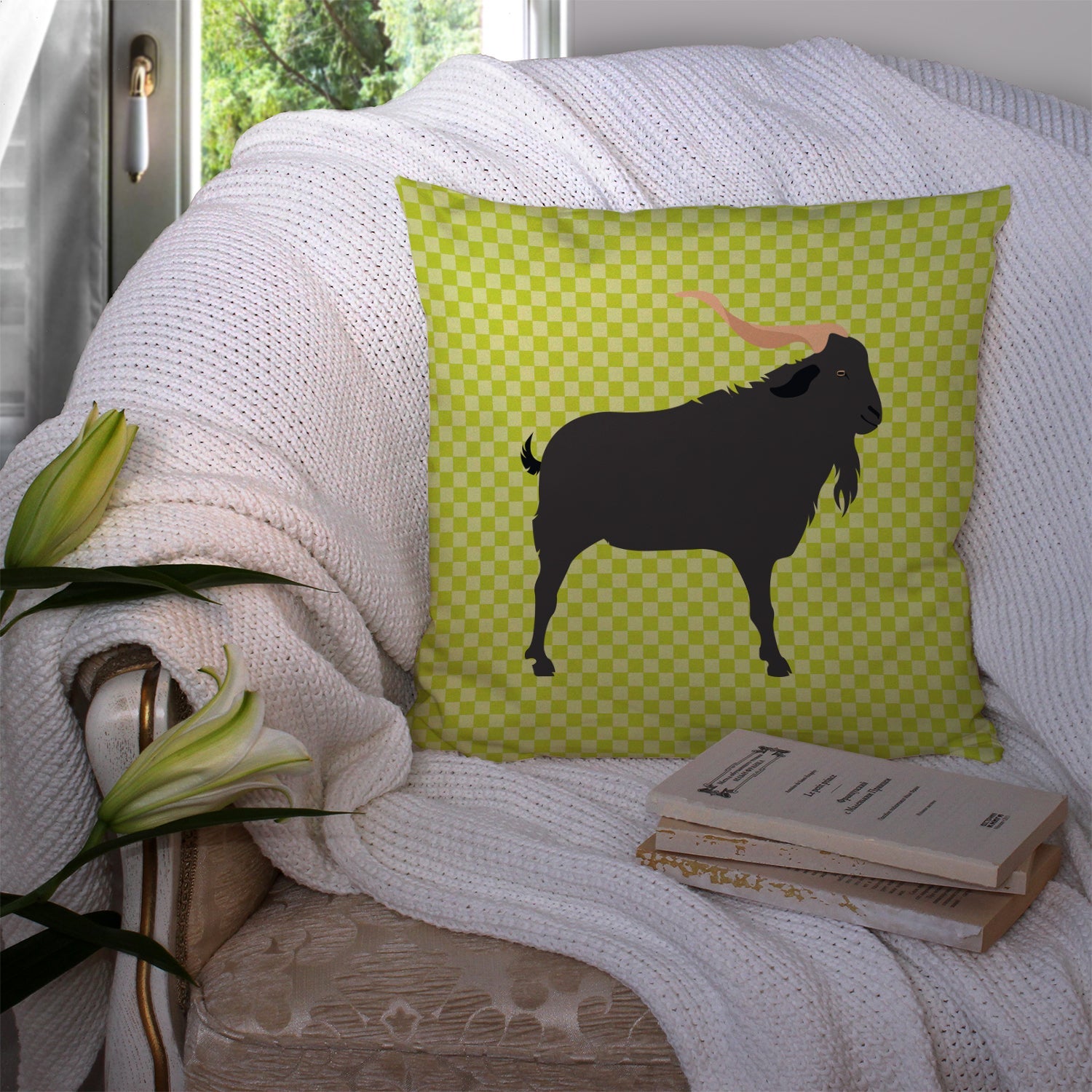 Verata Goat Green Decorative Throw Pillow 14x14 Indoor Outdoor Accent Cushion, Fabric Cover with Insert for Sofa, Bed, Porch & Living Room