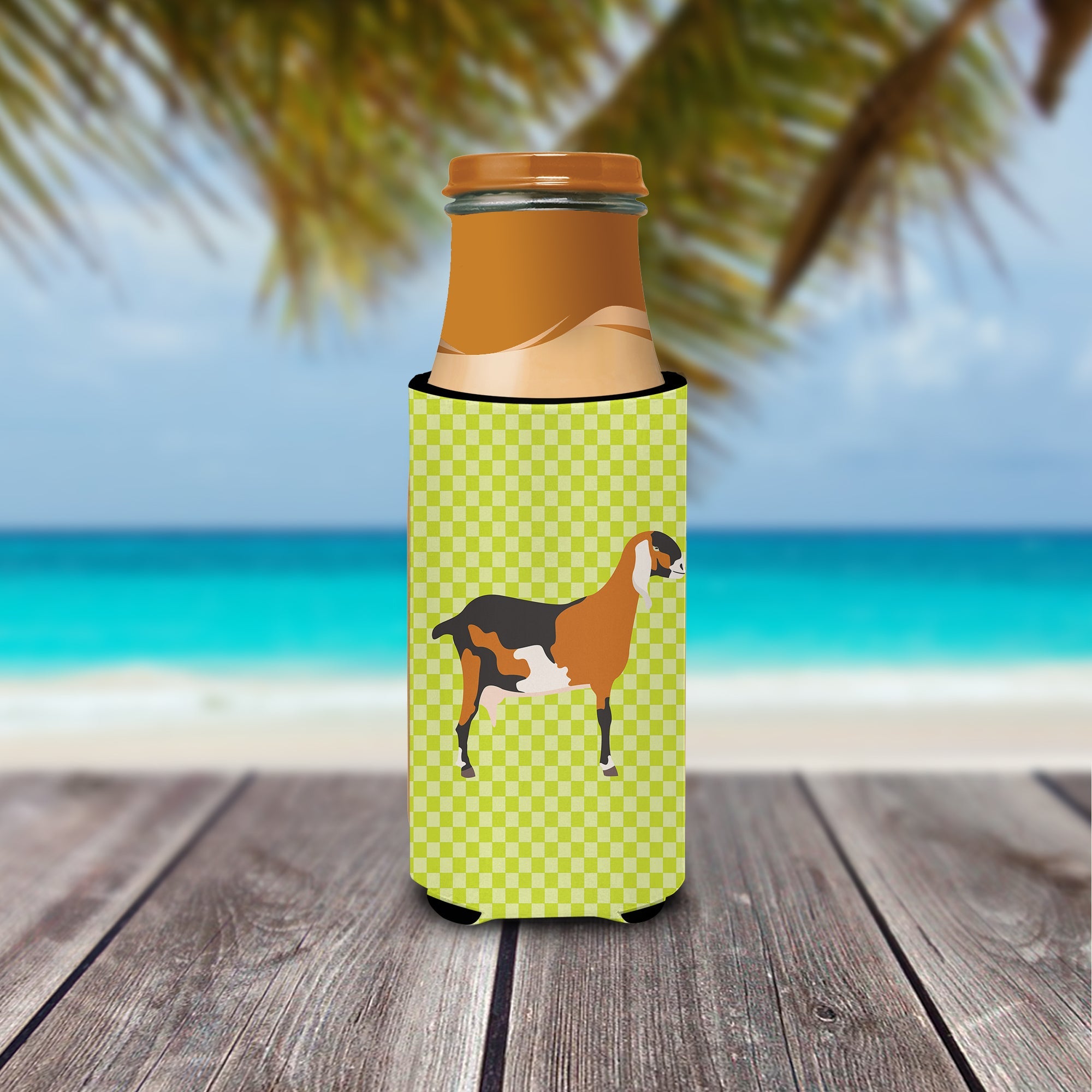 Anglo-nubian Nubian Goat Green Slim Can Hugger , Insulated Foam Hugger for 12 oz Slim Cans, Beer Bottles & Water Bottles, Printed in USA