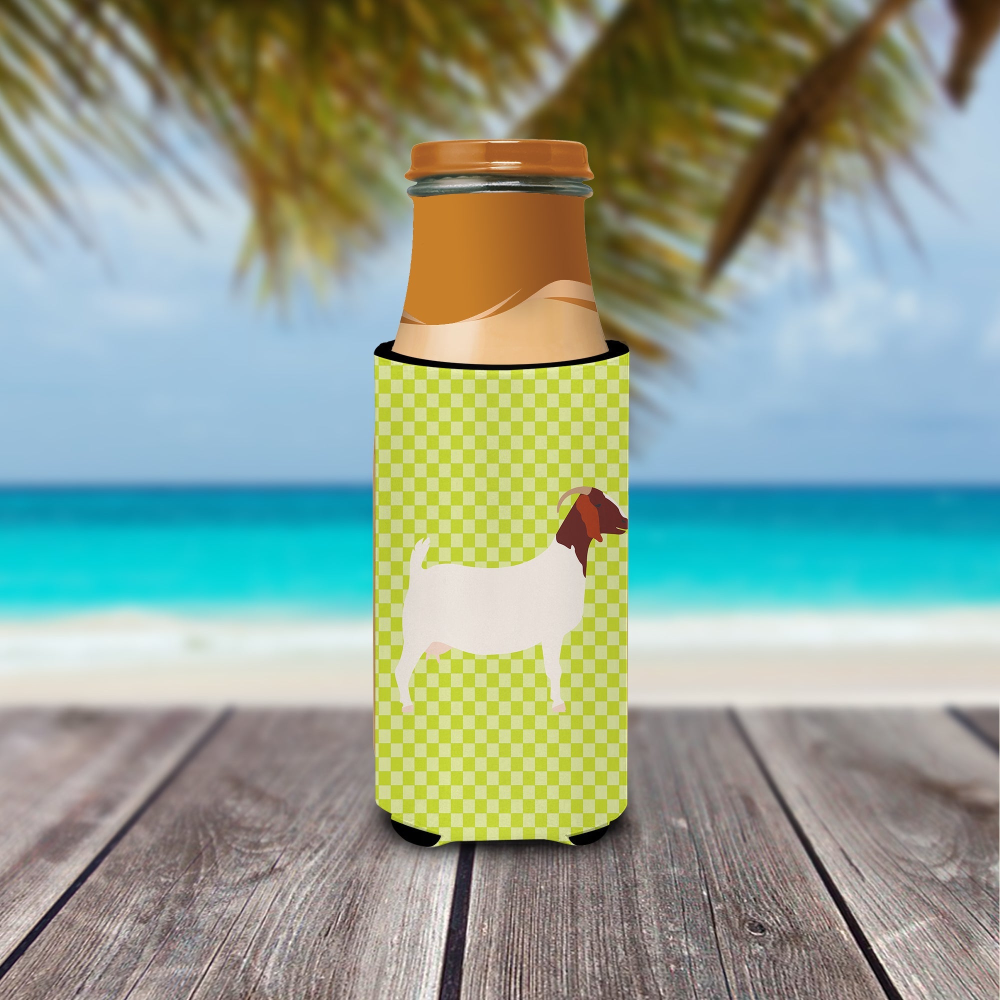 Boer Goat Green Slim Can Hugger , Insulated Foam Hugger for 12 oz Slim Cans, Beer Bottles & Water Bottles, Printed in USA