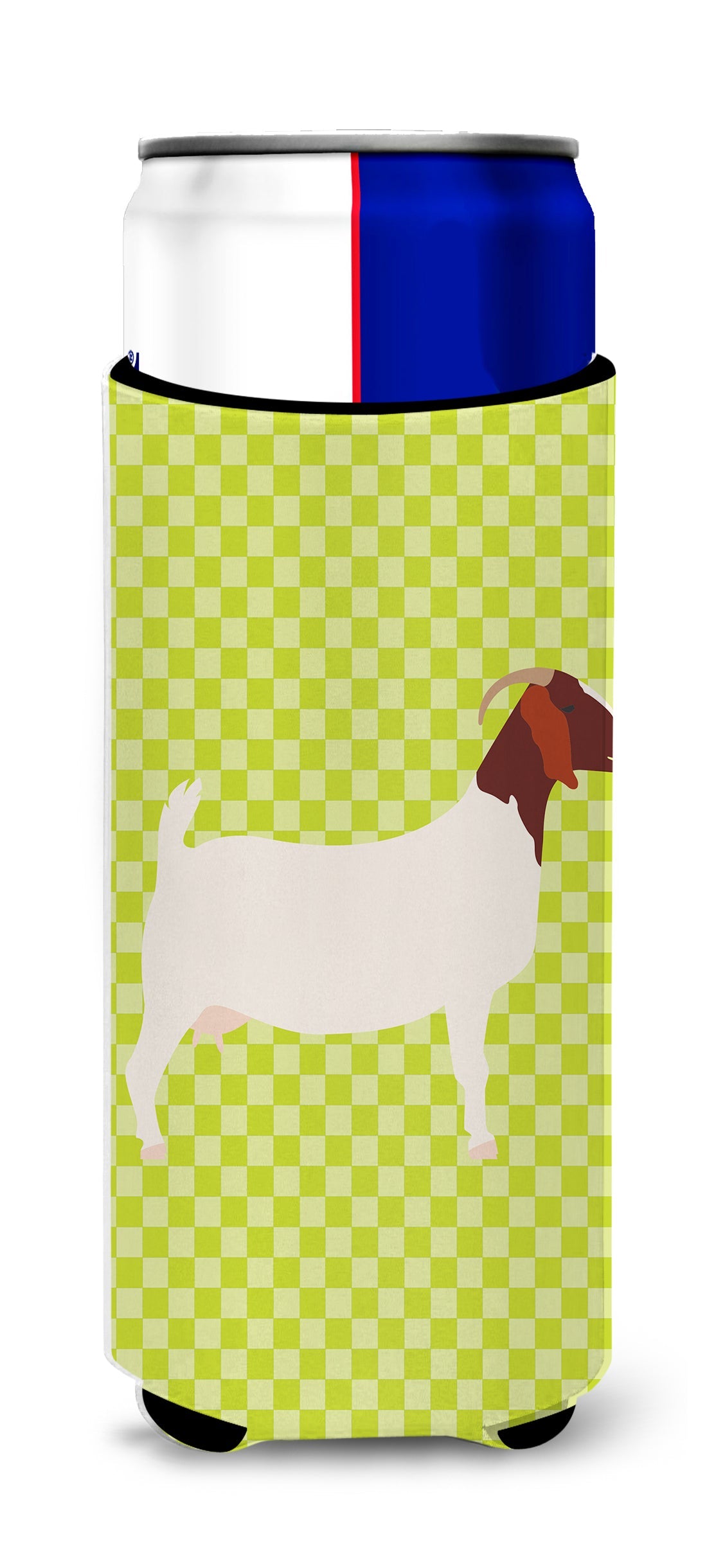Boer Goat Green Slim Can Hugger , Insulated Foam Hugger for 12 oz Slim Cans, Beer Bottles & Water Bottles, Printed in USA
