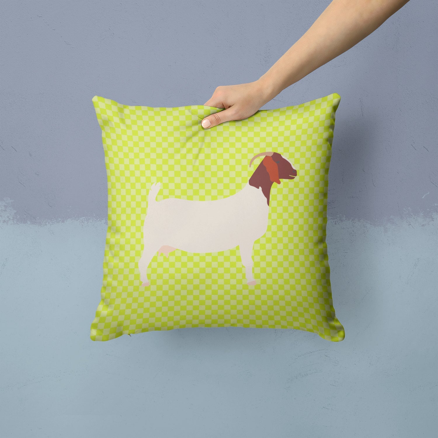 Boer Goat Green Decorative Throw Pillow 14x14 Indoor Outdoor Accent Cushion, Fabric Cover with Insert for Sofa, Bed, Porch & Living Room