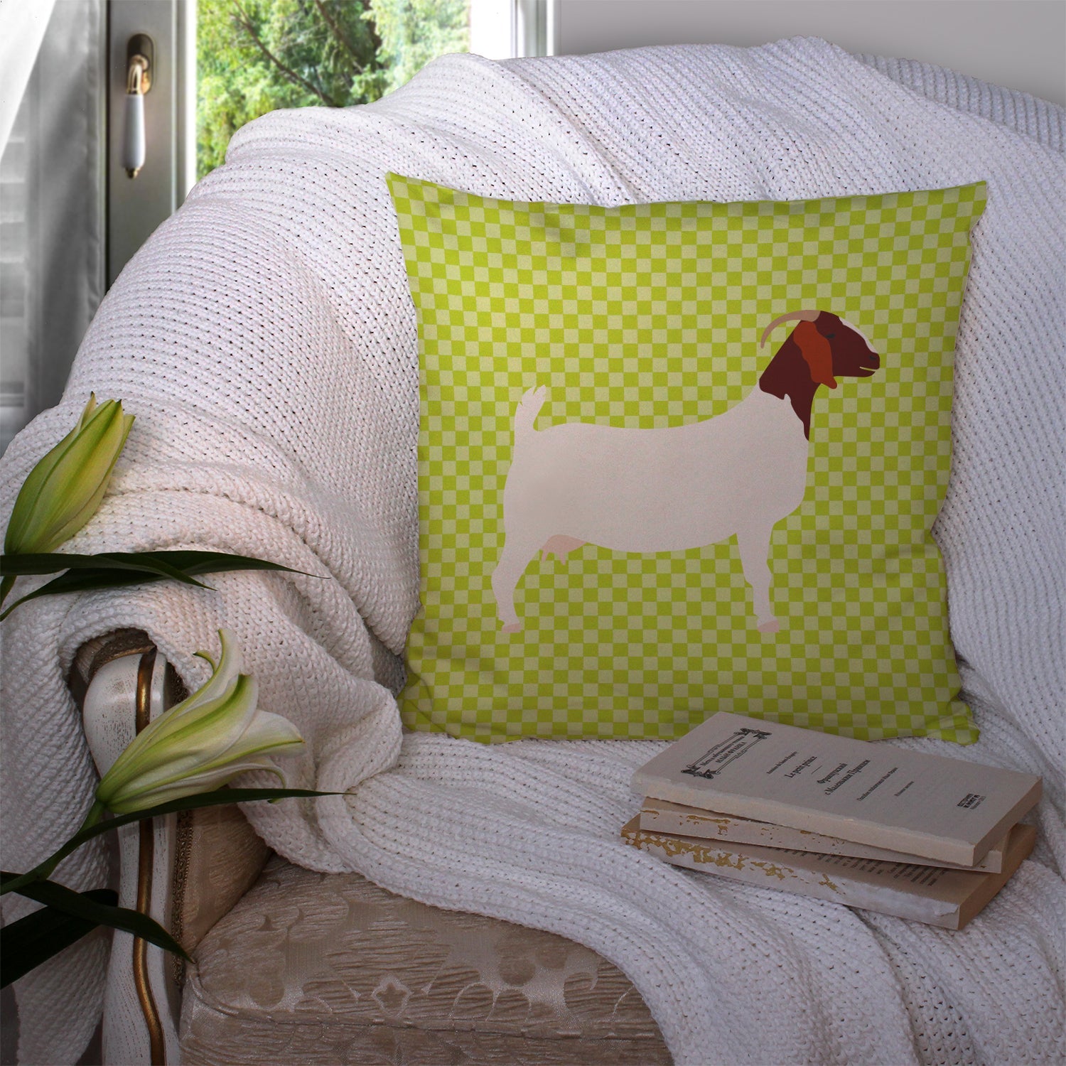 Boer Goat Green Decorative Throw Pillow 14x14 Indoor Outdoor Accent Cushion, Fabric Cover with Insert for Sofa, Bed, Porch & Living Room