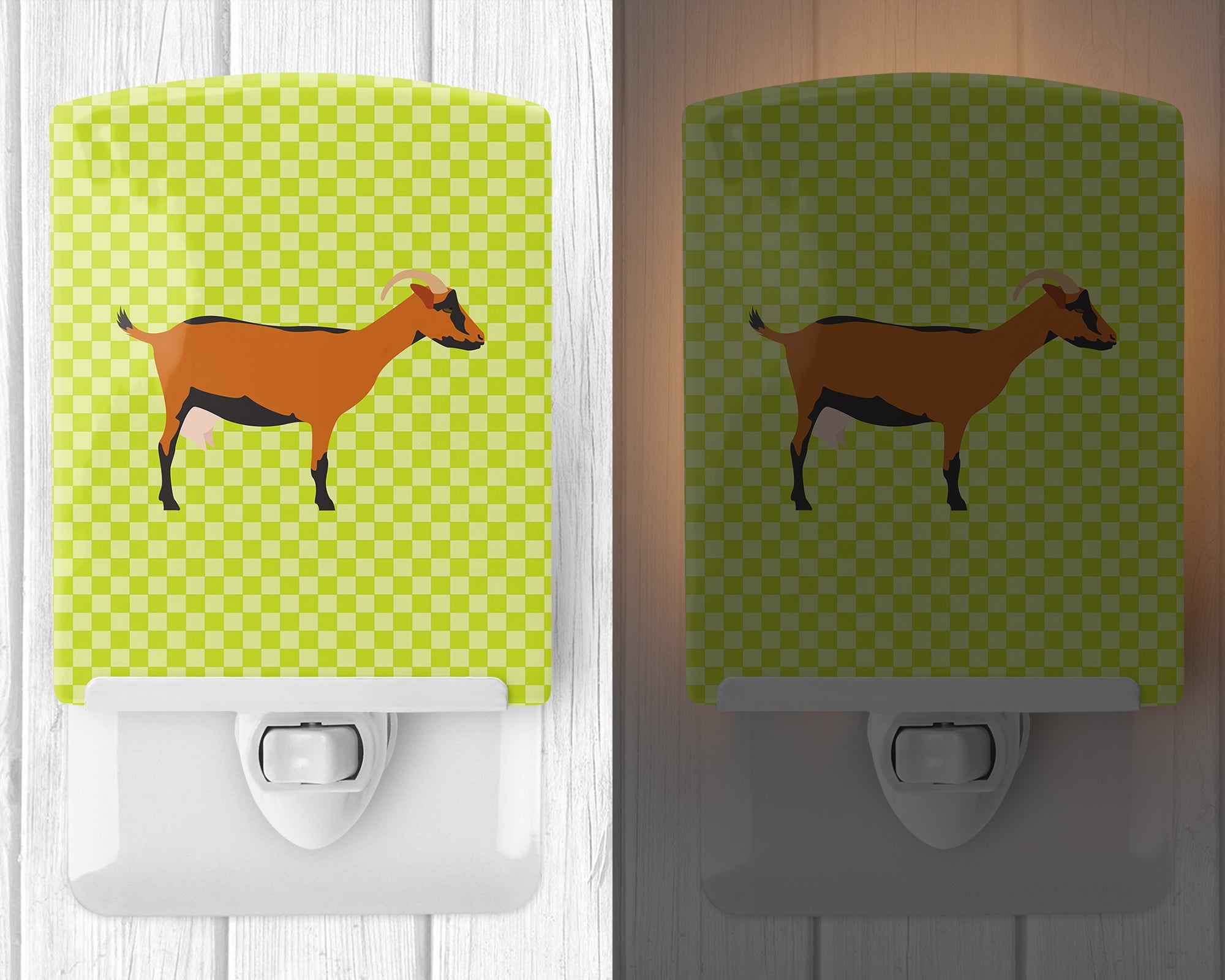 Oberhasli Goat Green Ceramic Night Light Compact, UL-Certified, Ideal for Bedroom, Bathroom, Nursery, Hallway, Kitchen, 6x4x3, Multicolor