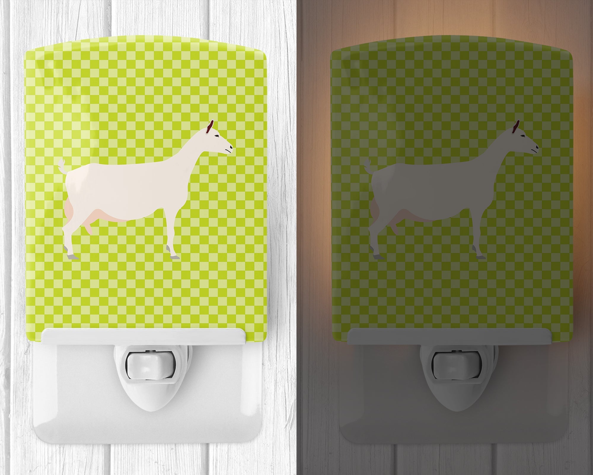 Saanen Goat Green Ceramic Night Light Compact, UL-Certified, Ideal for Bedroom, Bathroom, Nursery, Hallway, Kitchen, 6x4x3, Multicolor