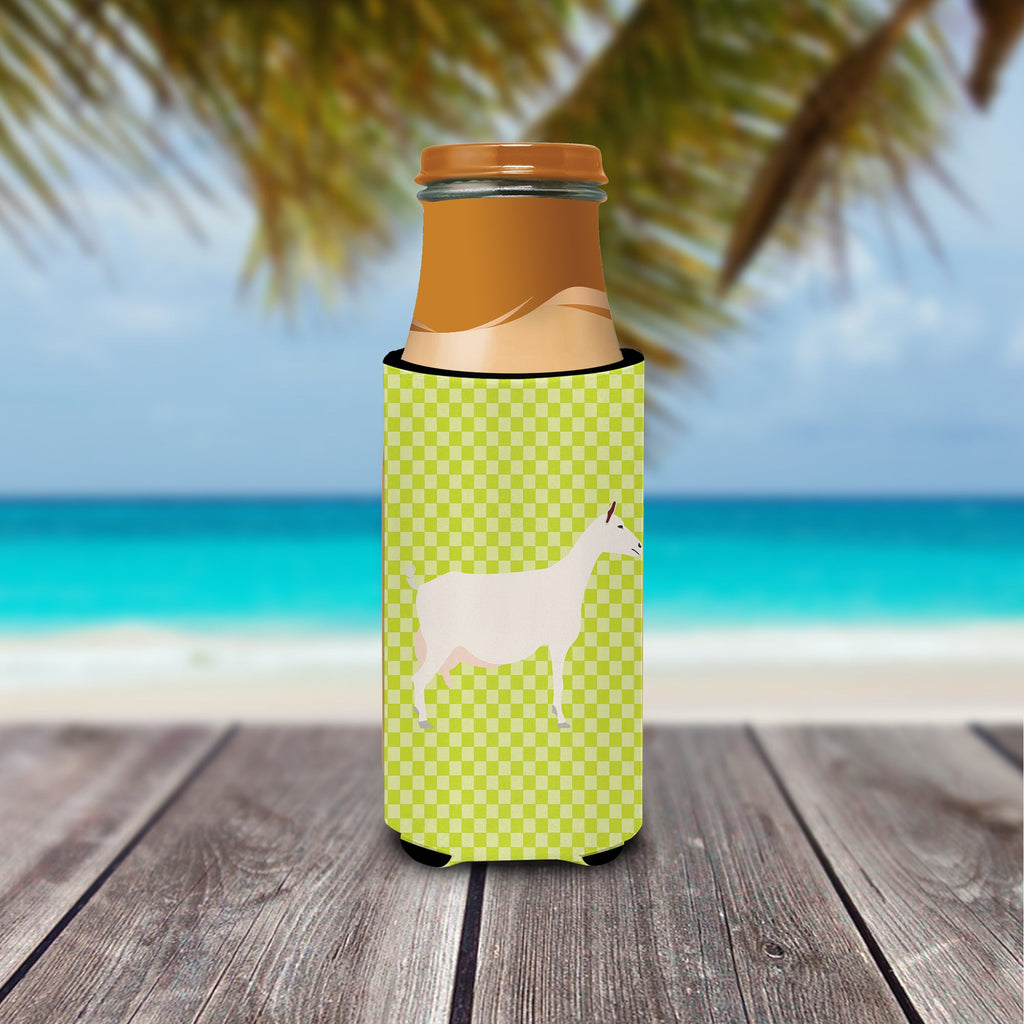 Saanen Goat Green Slim Can Hugger , Insulated Foam Hugger for 12 oz Slim Cans, Beer Bottles & Water Bottles, Printed in USA