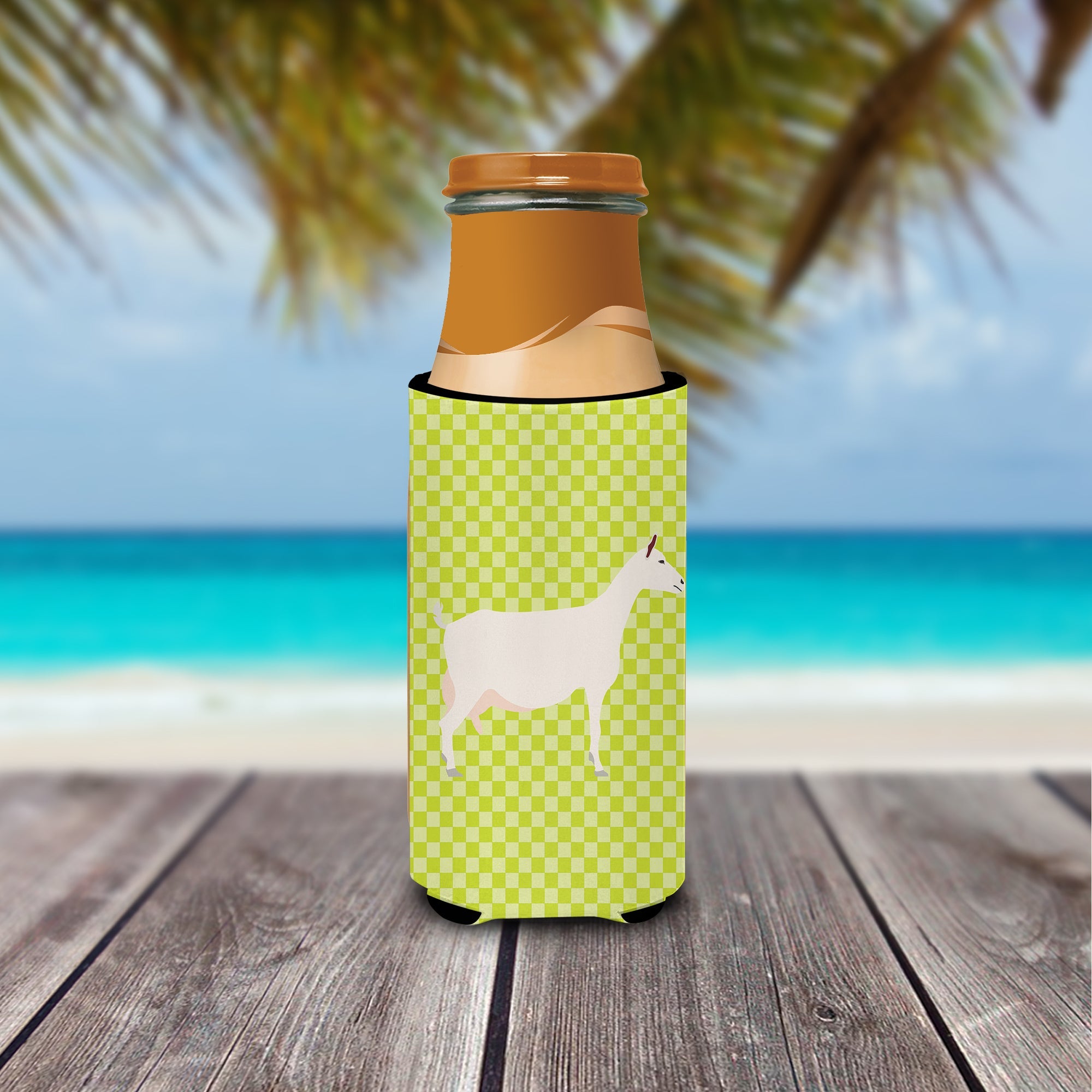 Saanen Goat Green Slim Can Hugger , Insulated Foam Hugger for 12 oz Slim Cans, Beer Bottles & Water Bottles, Printed in USA