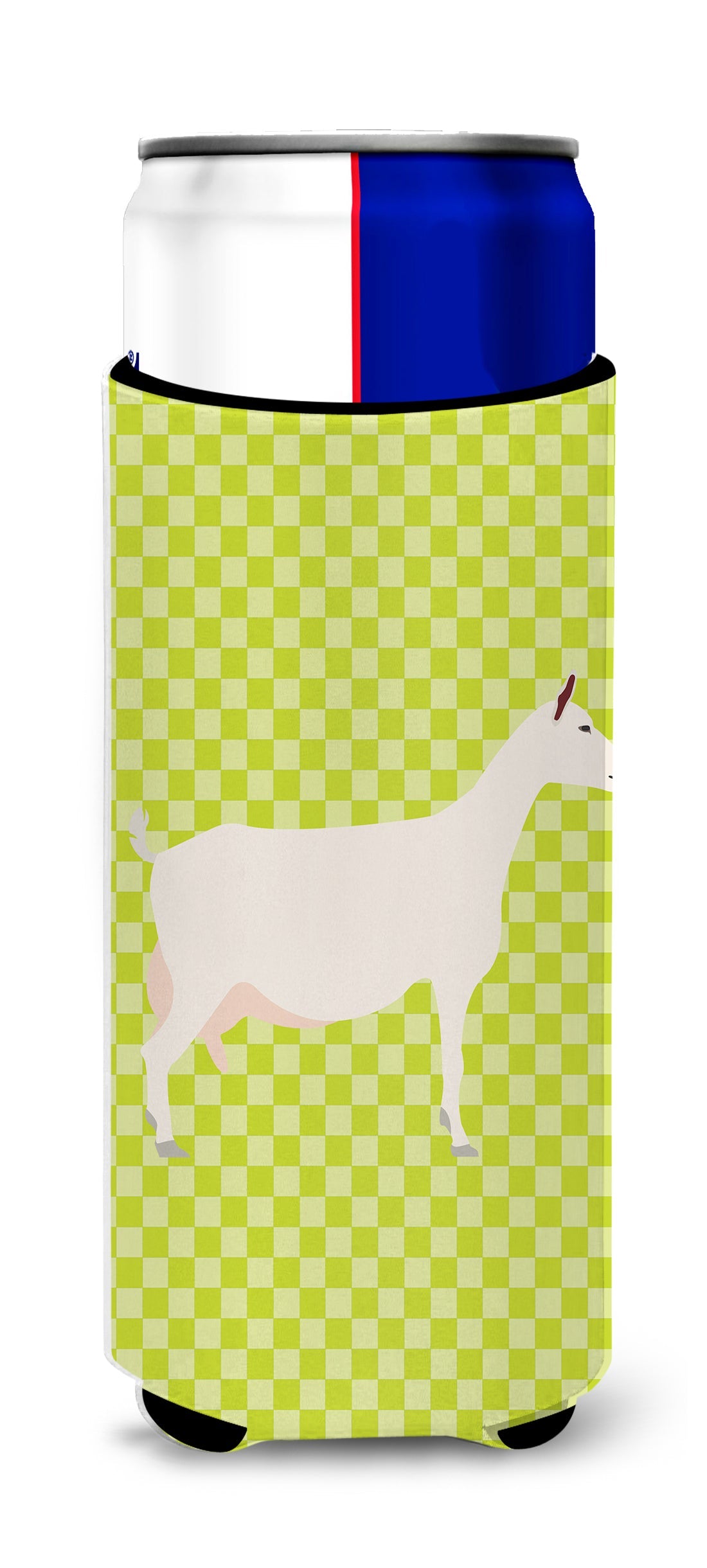 Saanen Goat Green Slim Can Hugger , Insulated Foam Hugger for 12 oz Slim Cans, Beer Bottles & Water Bottles, Printed in USA