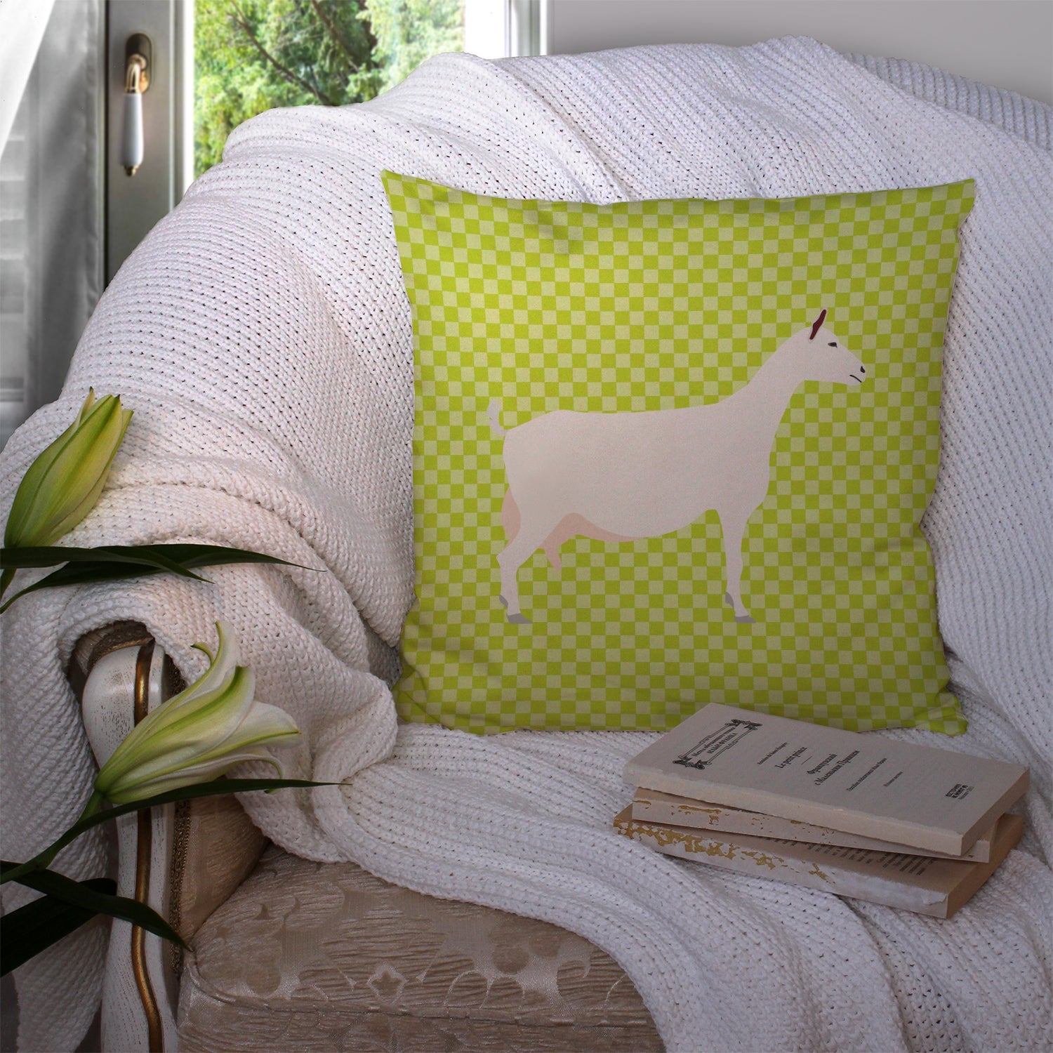 Saanen Goat Green Decorative Throw Pillow 14x14 Indoor Outdoor Accent Cushion, Fabric Cover with Insert for Sofa, Bed, Porch & Living Room