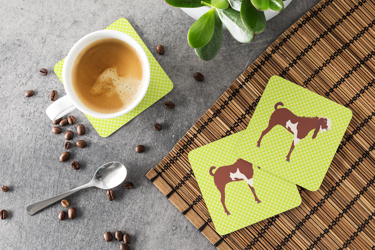 Jamnapari Goat Green Foam Coasters Set of 4 Cup Coasters for Indoor Outdoor, Tabletop Protection, Anti Slip, Mouse pad Material