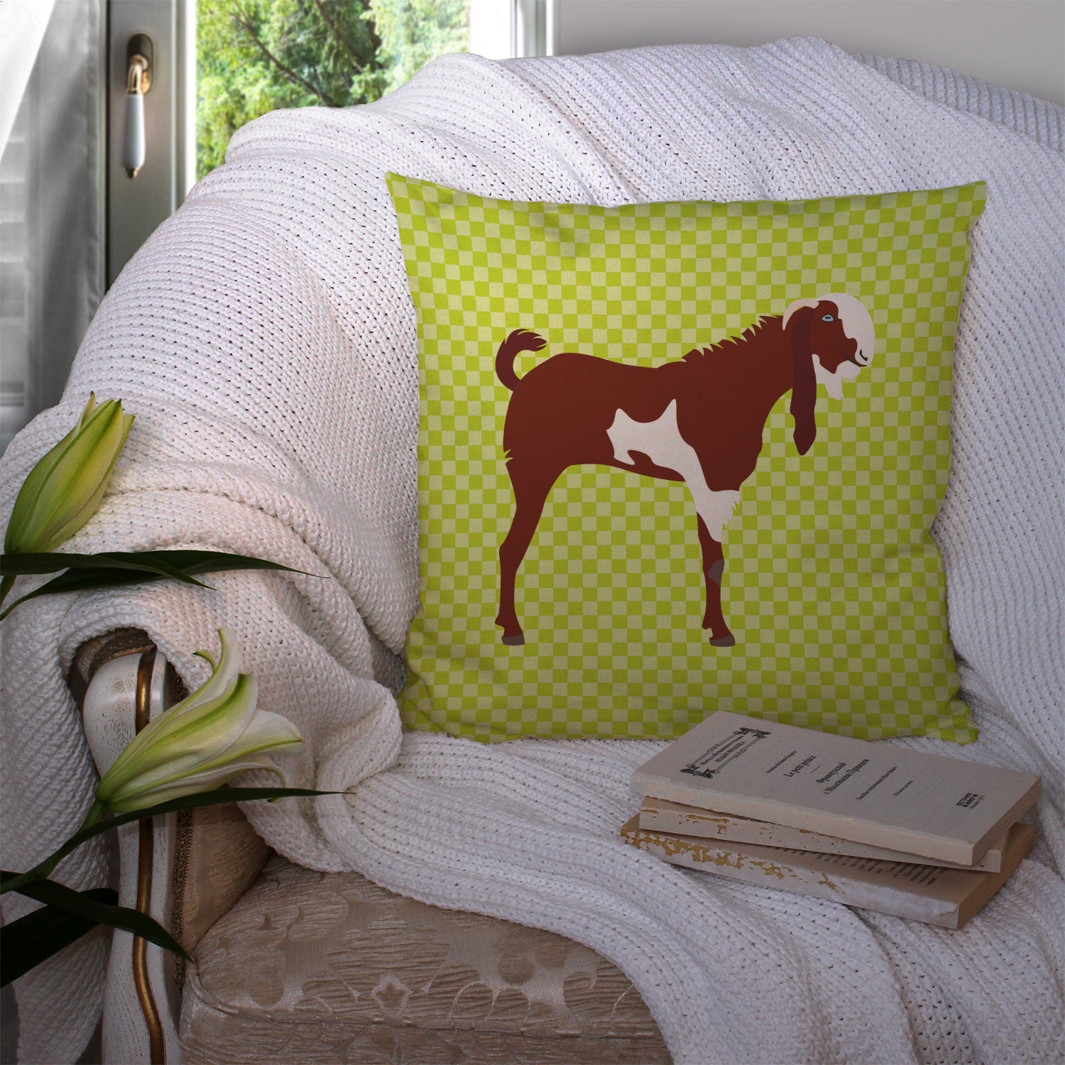 Jamnapari Goat Green Decorative Throw Pillow 14x14 Indoor Outdoor Accent Cushion, Fabric Cover with Insert for Sofa, Bed, Porch & Living Room