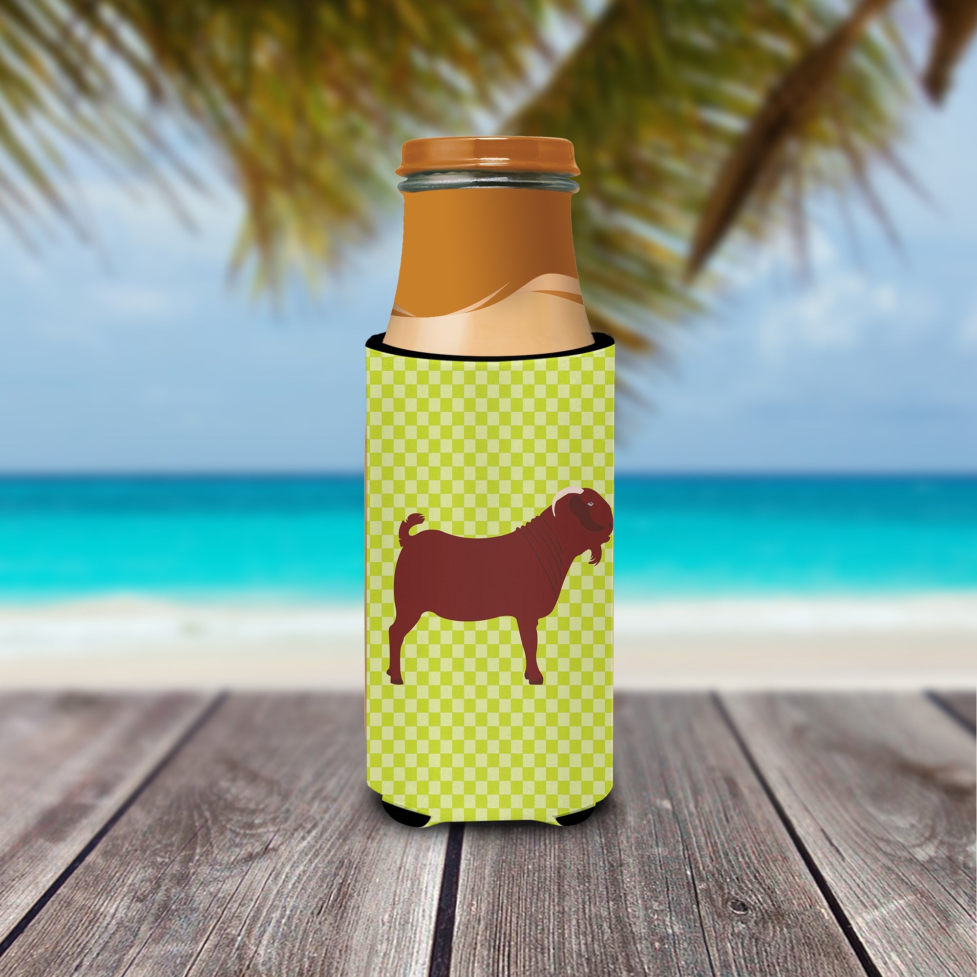 Kalahari Red Goat Green Slim Can Hugger , Insulated Foam Hugger for 12 oz Slim Cans, Beer Bottles & Water Bottles, Printed in USA