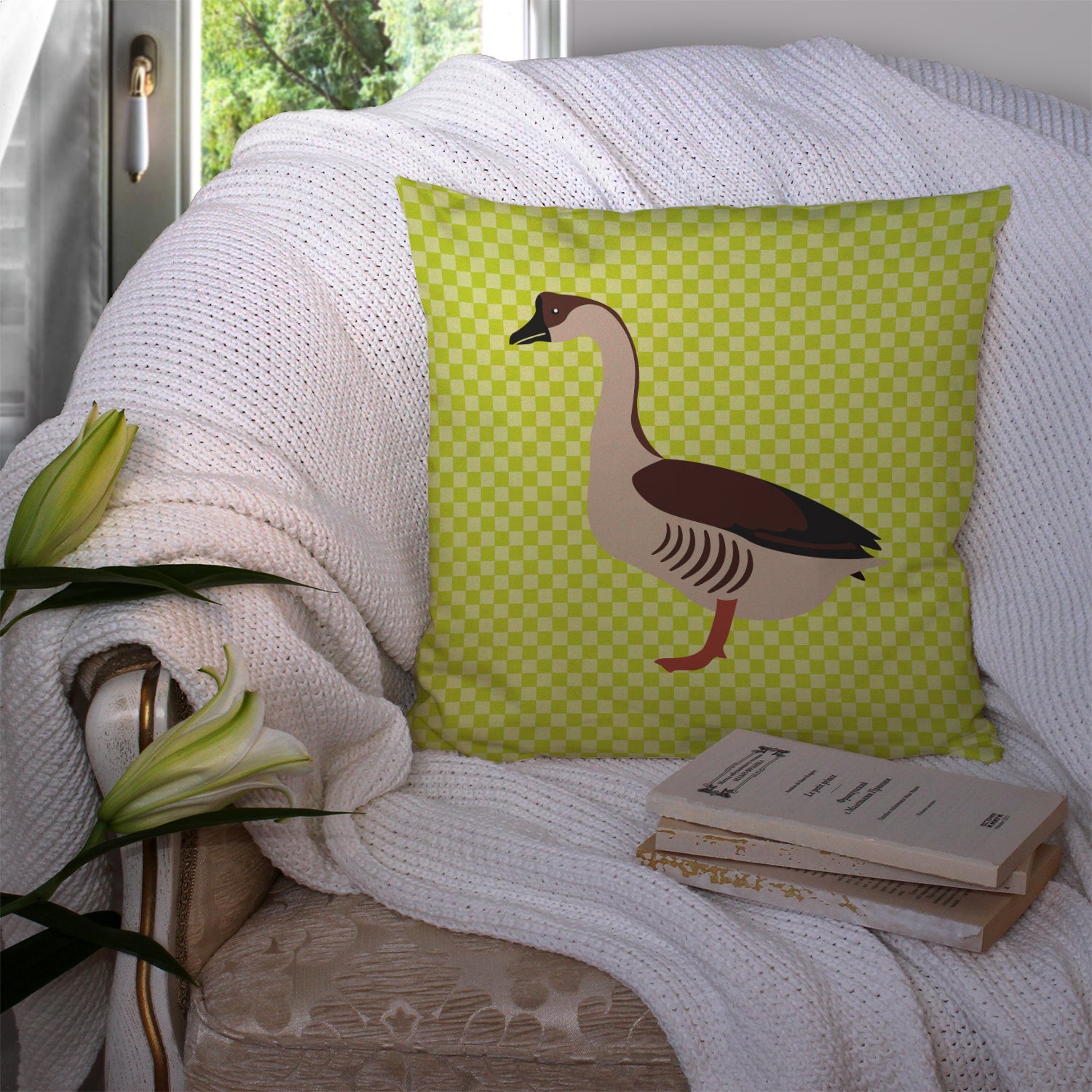Chinese Goose Green Decorative Throw Pillow 14x14 Indoor Outdoor Accent Cushion, Fabric Cover with Insert for Sofa, Bed, Porch & Living Room