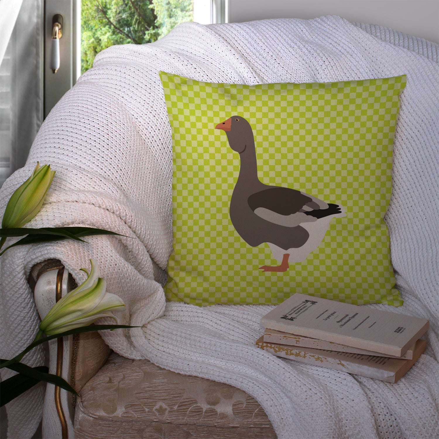 Toulouse Goose Green Decorative Throw Pillow 14x14 Indoor Outdoor Accent Cushion, Fabric Cover with Insert for Sofa, Bed, Porch & Living Room