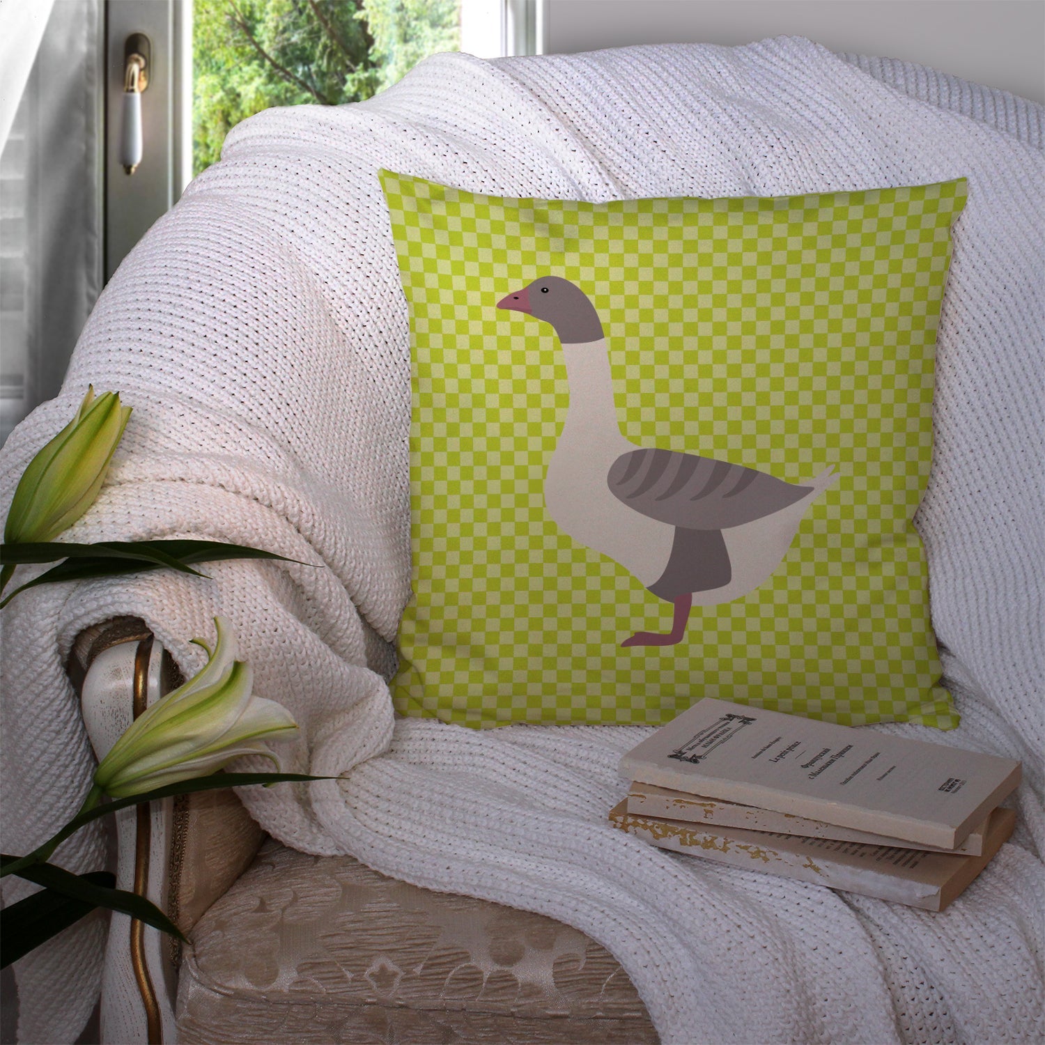 Buff Grey Back Goose Green Decorative Throw Pillow 14x14 Indoor Outdoor Accent Cushion, Fabric Cover with Insert for Sofa, Bed, Porch & Living Room