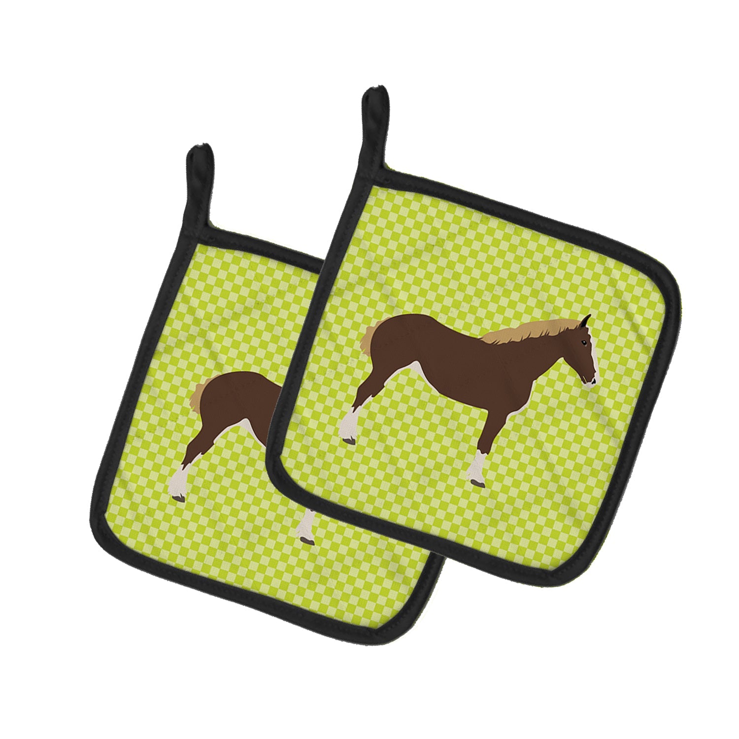 Percheron Horse Green Pot Holder Set of 2 Heat Resistant Quilted Hot Pads 7.5 x 7.5 Inch, Insulated Kitchen Trivets for Cooking & Baking