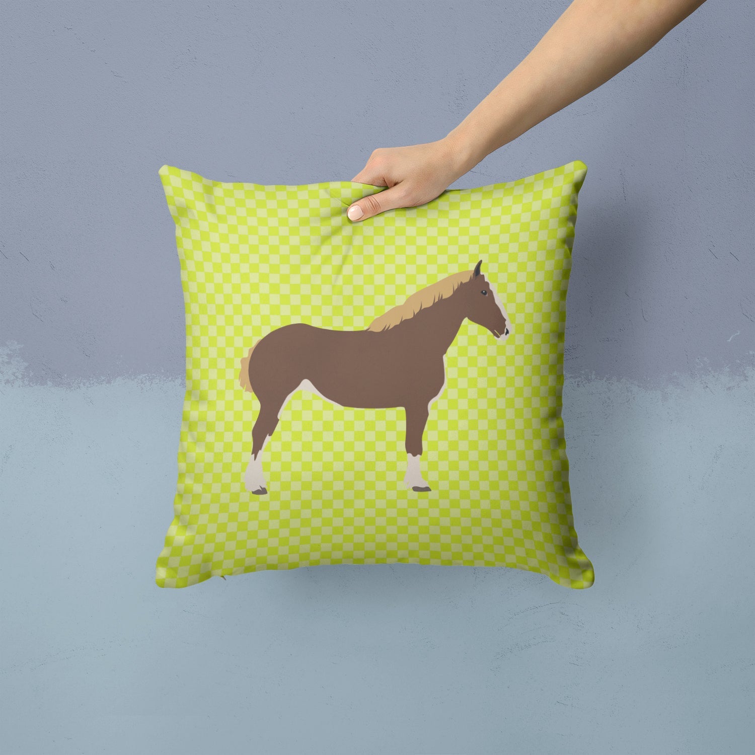 Percheron Horse Green Decorative Throw Pillow 14x14 Indoor Outdoor Accent Cushion, Fabric Cover with Insert for Sofa, Bed, Porch & Living Room