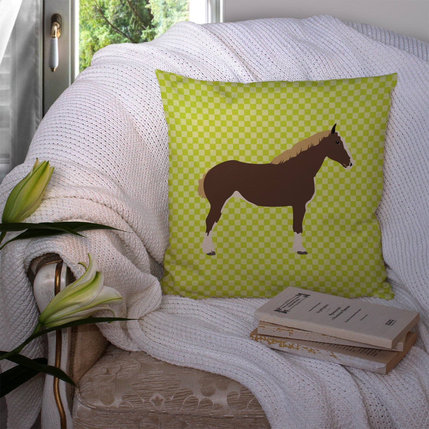 Percheron Horse Green Decorative Throw Pillow 14x14 Indoor Outdoor Accent Cushion, Fabric Cover with Insert for Sofa, Bed, Porch & Living Room