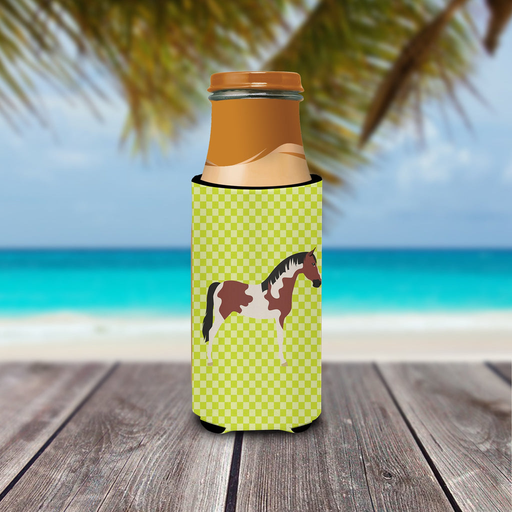 Pinto Horse Green Slim Can Hugger , Insulated Foam Hugger for 12 oz Slim Cans, Beer Bottles & Water Bottles, Printed in USA