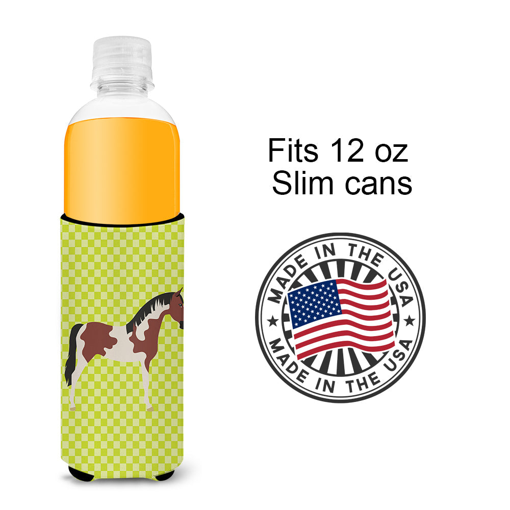 Pinto Horse Green Slim Can Hugger , Insulated Foam Hugger for 12 oz Slim Cans, Beer Bottles & Water Bottles, Printed in USA