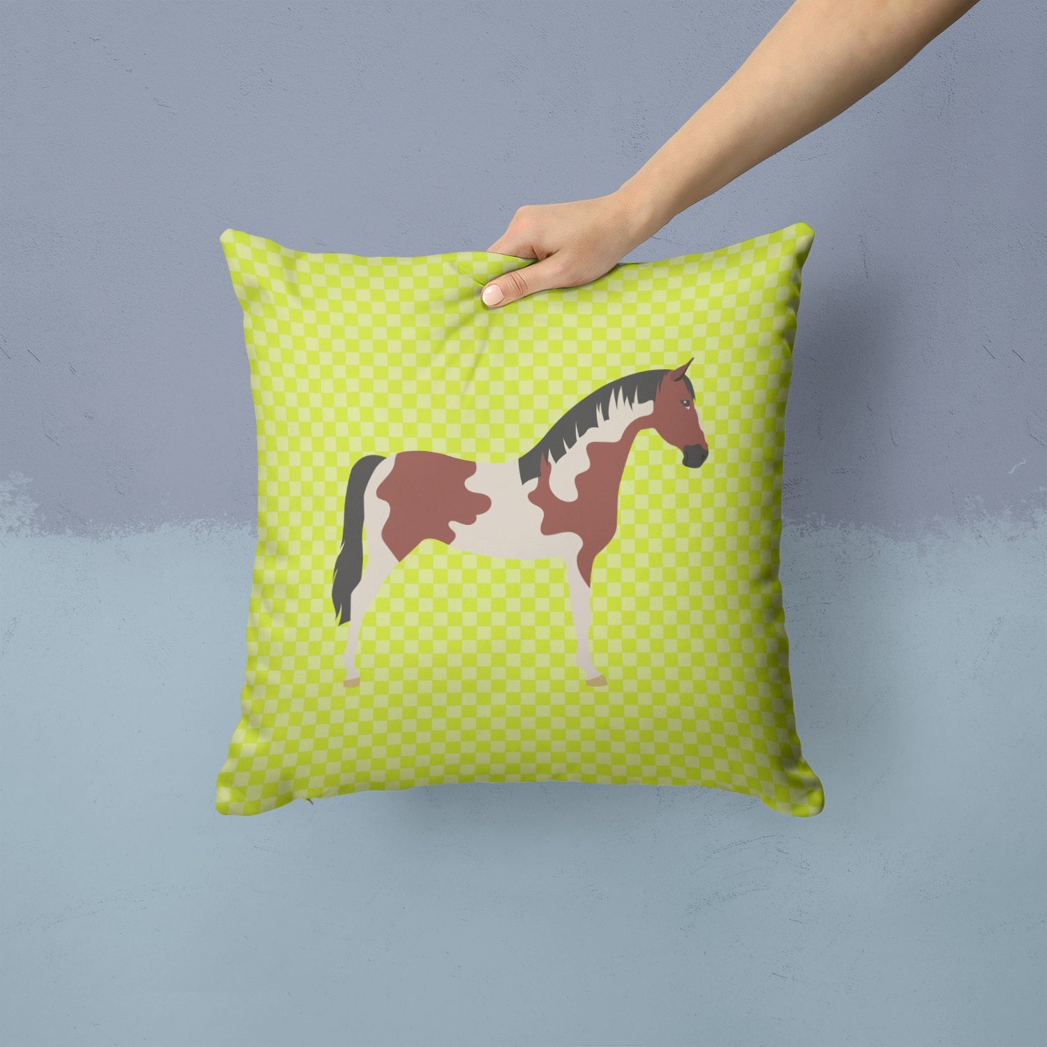 Pinto Horse Green Decorative Throw Pillow 14x14 Indoor Outdoor Accent Cushion, Fabric Cover with Insert for Sofa, Bed, Porch & Living Room