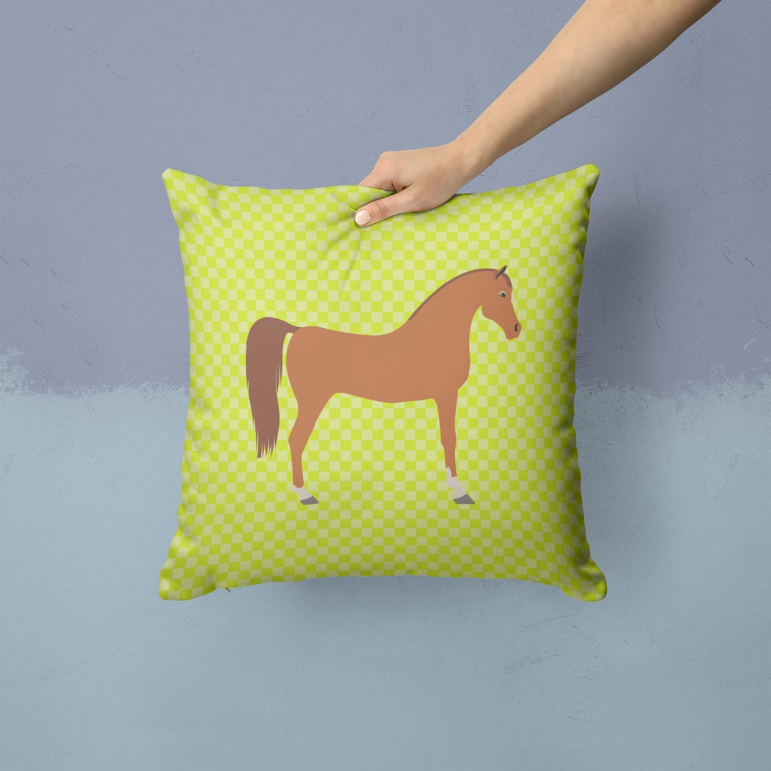 Arabian Horse Green Decorative Throw Pillow 14x14 Indoor Outdoor Accent Cushion, Fabric Cover with Insert for Sofa, Bed, Porch & Living Room