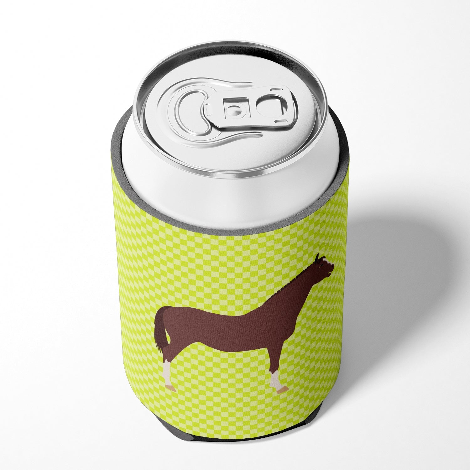 English Thoroughbred Horse Green Can or Bottle Hugger Cooler Sleeve for Standard 12 oz Cans, Insulated Foam Beer & Soda Can Hugger Reusable