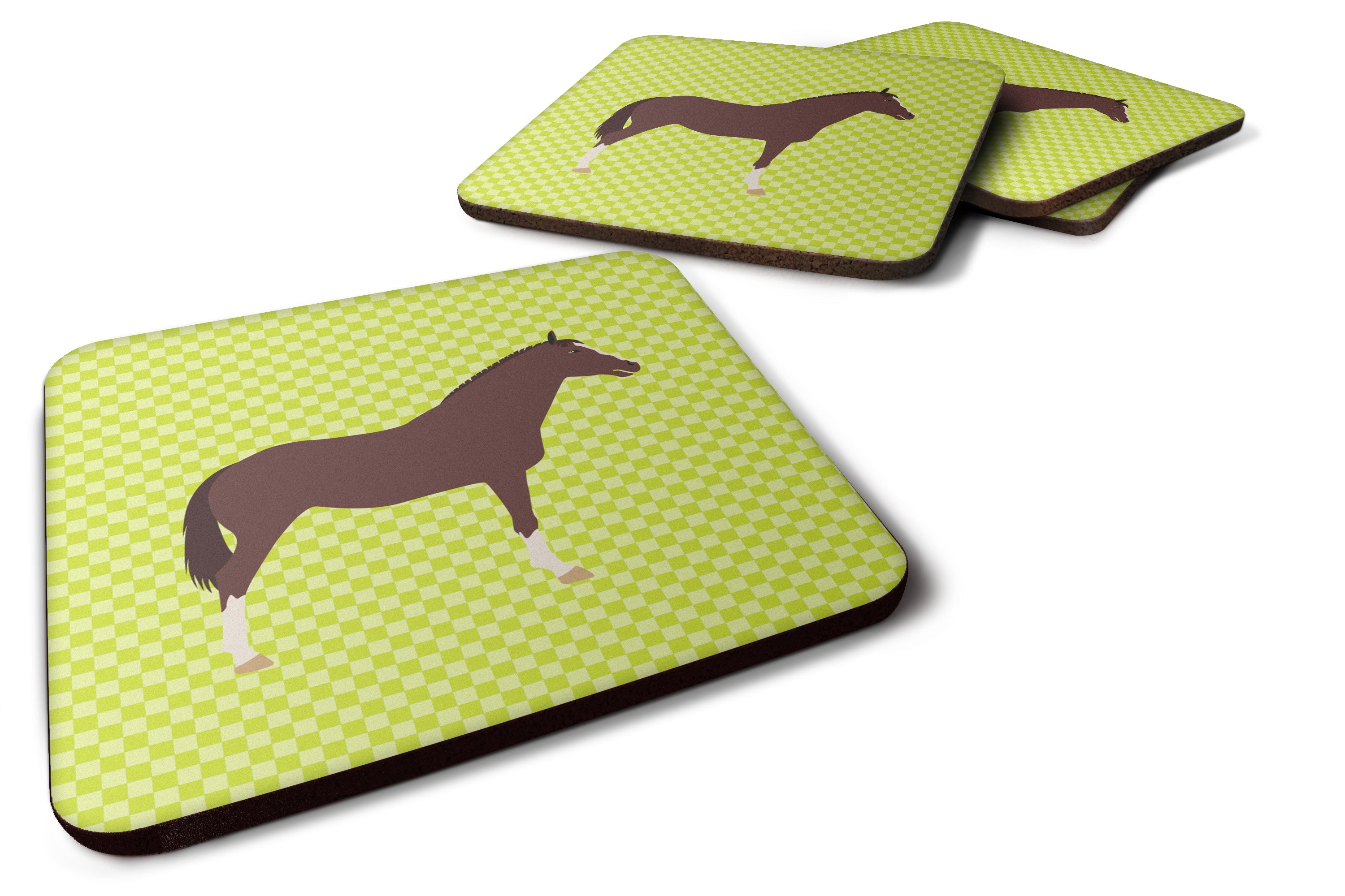 English Thoroughbred Horse Green Foam Coasters Set of 4 Cup Coasters for Indoor Outdoor, Tabletop Protection, Anti Slip, Mouse pad Material