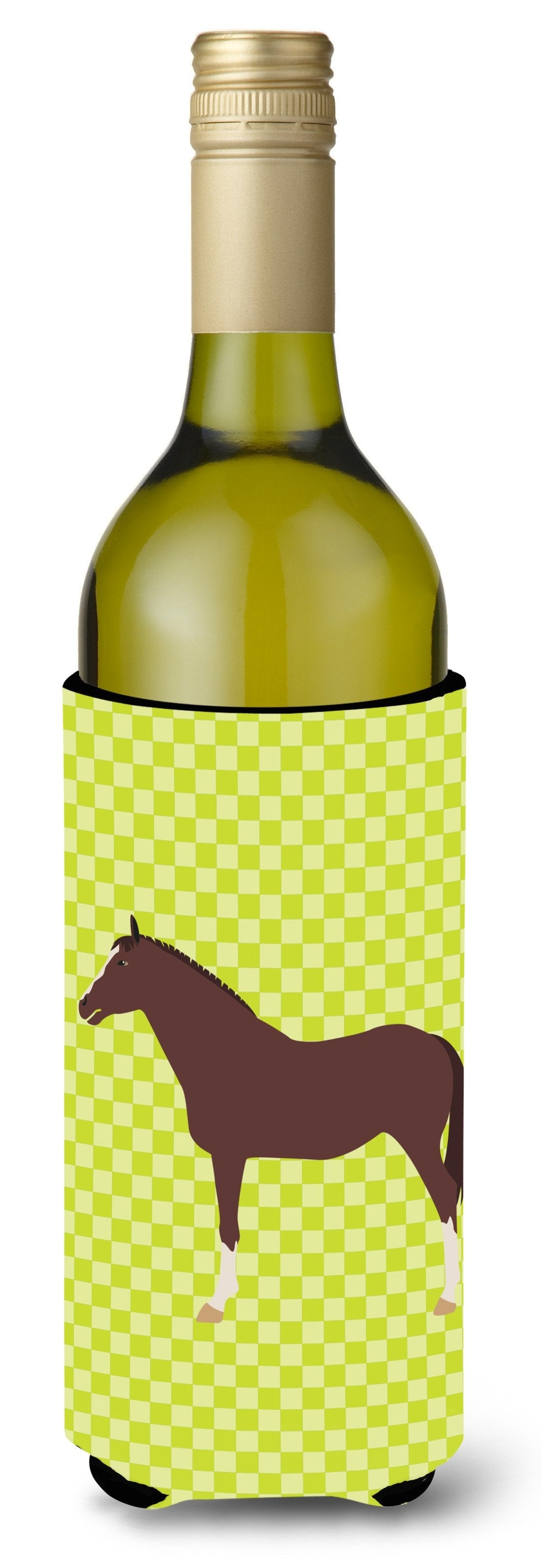 English Thoroughbred Horse Green Wine Bottle Hugger Gift Sleeve for Standard 750 ml Bottles, Insulated Reusable Also Fits Mini Shot & Pint Bottles