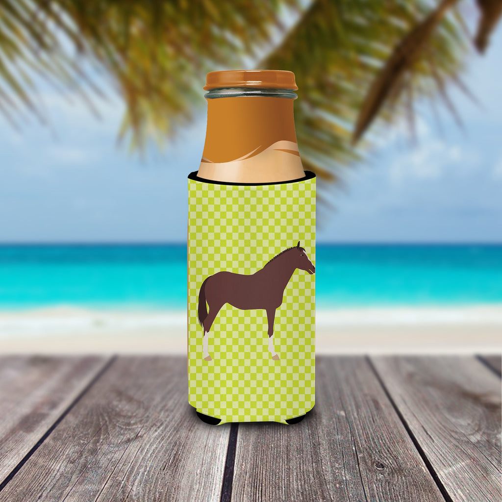 English Thoroughbred Horse Green Slim Can Hugger , Insulated Foam Hugger for 12 oz Slim Cans, Beer Bottles & Water Bottles, Printed in USA