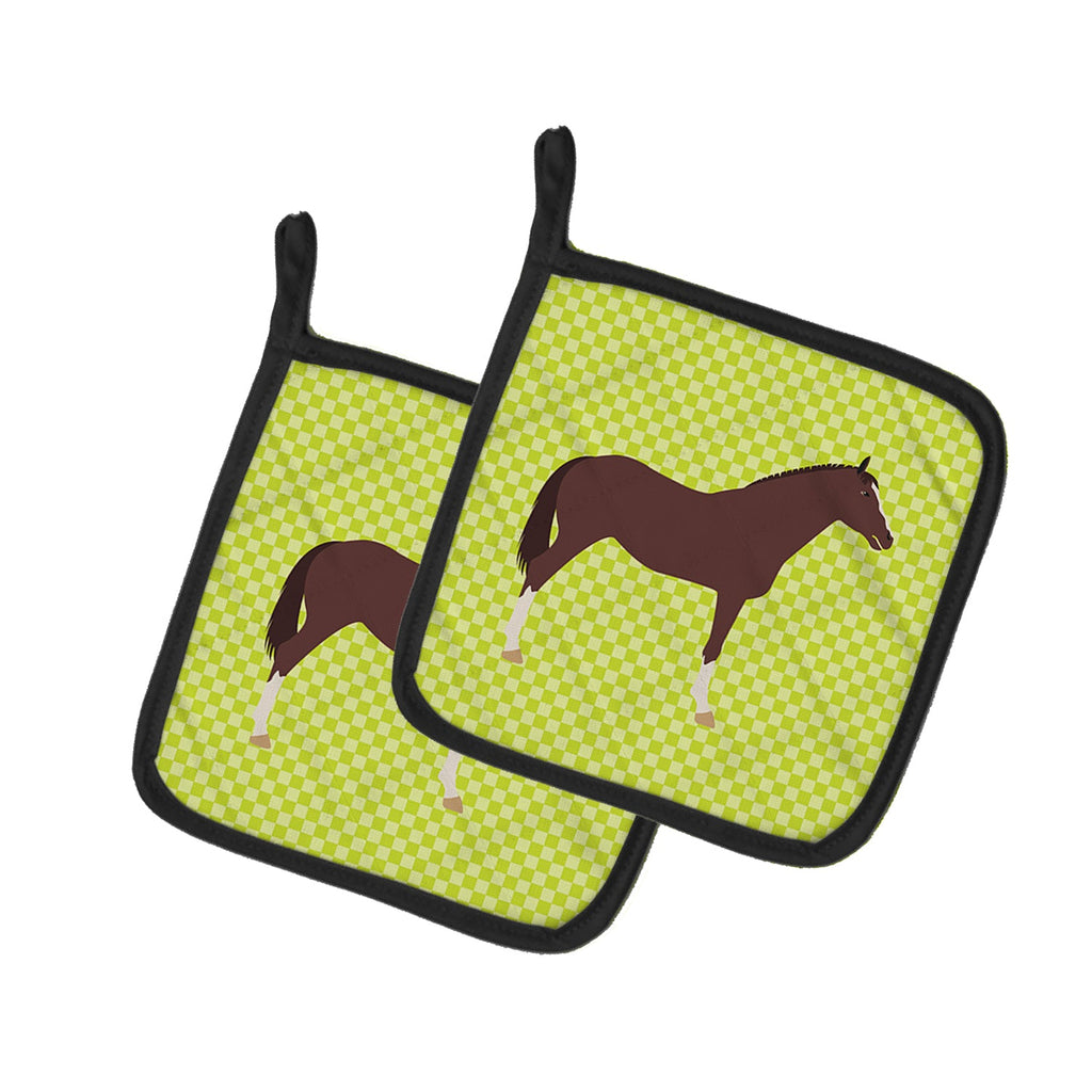 English Thoroughbred Horse Green Pot Holder Set of 2 Heat Resistant Quilted Hot Pads 7.5 x 7.5 Inch, Insulated Kitchen Trivets for Cooking & Baking