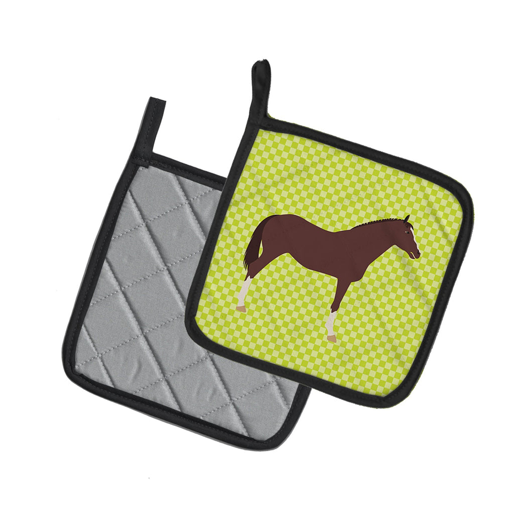 English Thoroughbred Horse Green Pot Holder Set of 2 Heat Resistant Quilted Hot Pads 7.5 x 7.5 Inch, Insulated Kitchen Trivets for Cooking & Baking