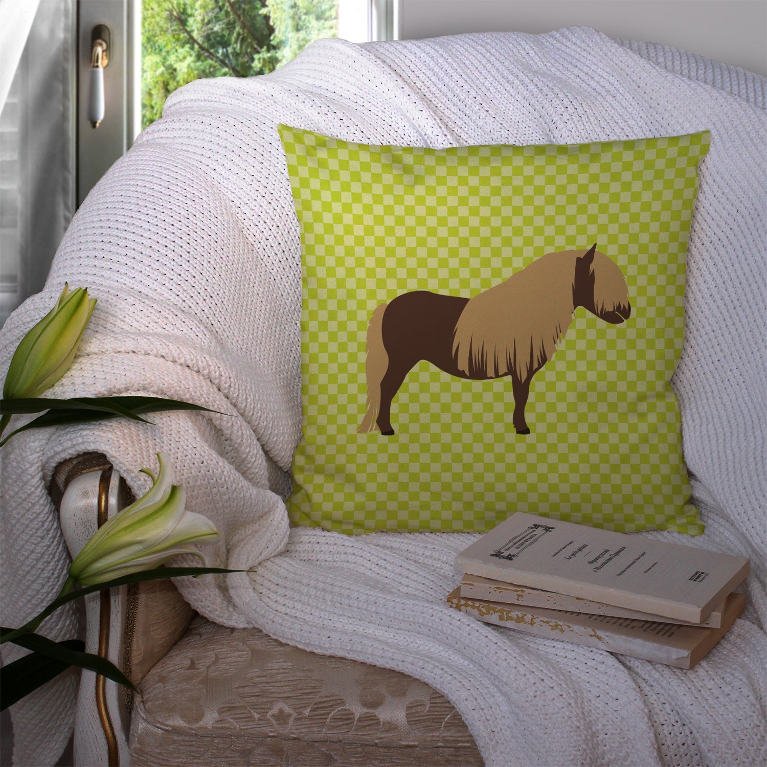 Shetland Pony Horse Green Decorative Throw Pillow 14x14 Indoor Outdoor Accent Cushion, Fabric Cover with Insert for Sofa, Bed, Porch & Living Room